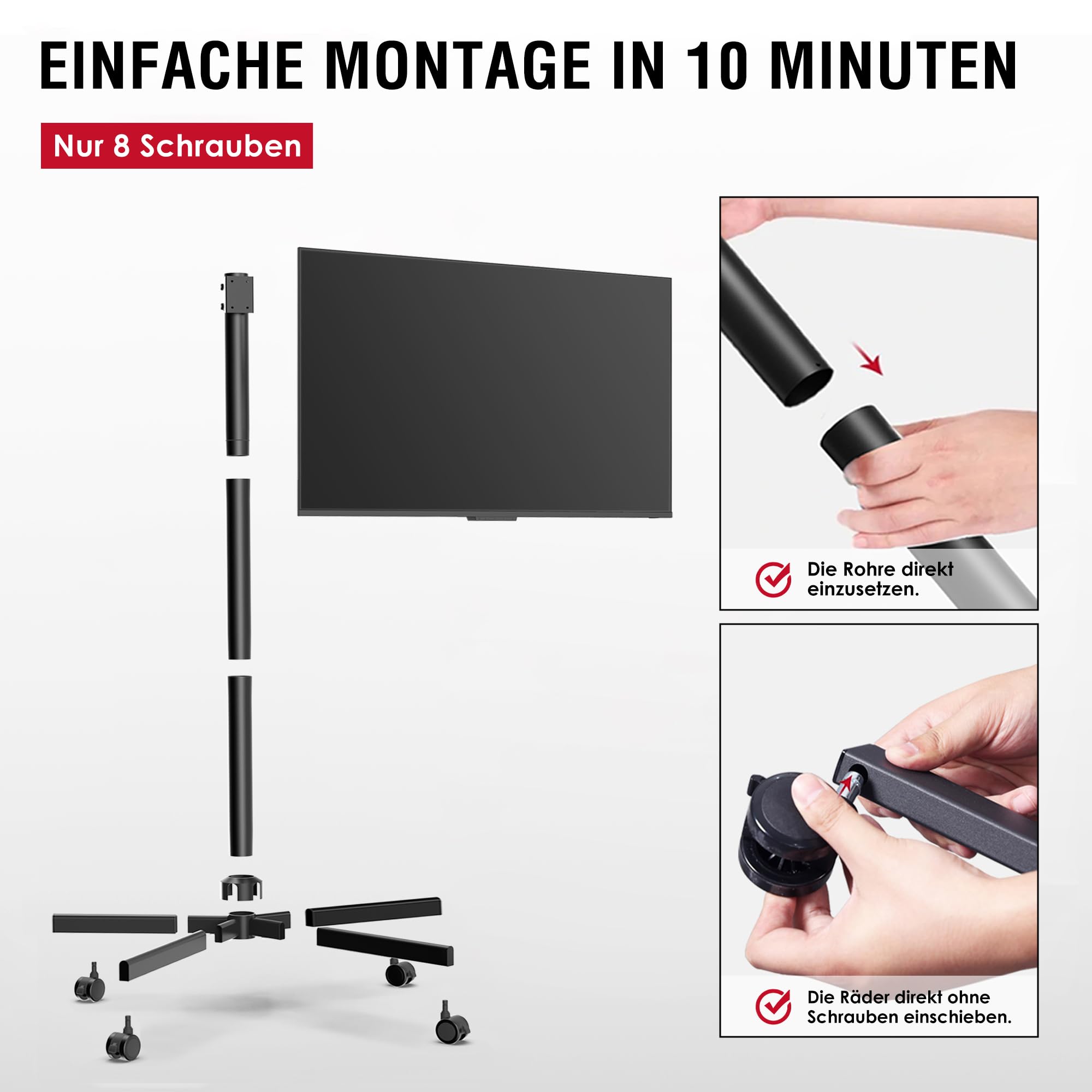 AOKCOS TV Ständer Rollbar für 32-65 Zoll Fernseher, Neigbar & Höhenverstellbar Fernsehständer mit Rollen, Schraubenloses Design TV Standfuss Standfuß Bodenständer Universal Max VESA 400x400mm 40kg