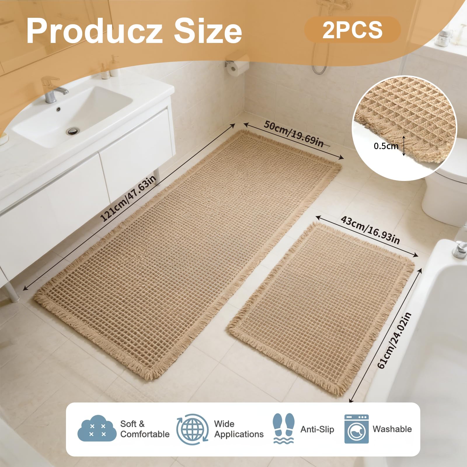 VINATO 2 Pezzi Tappeto Bagno Set, 121x50cm + 61x43cm, Antiscivolo Tappeti Bagno in Microfibra a Texture a Waffle | Lavabile in Lavatrice per Bagno, Doccia, WC | Morbido e Assorbente, Kaki