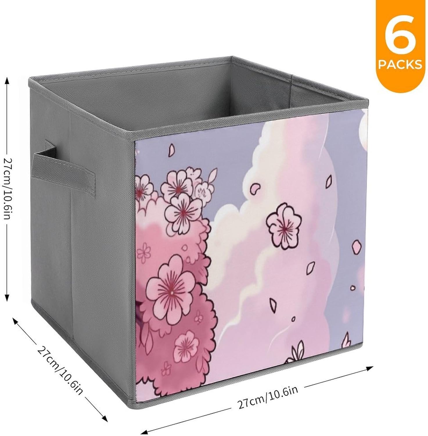 Cherry Blossom Floral 10.6 Inch Cube Storage Bin Foldable Fabric Storages Cubes Organizer with Handles for Shelves Closet Bedroom Clothes 6PCS