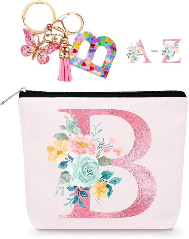 Necessaire de maquiagem Lingdeer com estampa de letra B e chaveiro