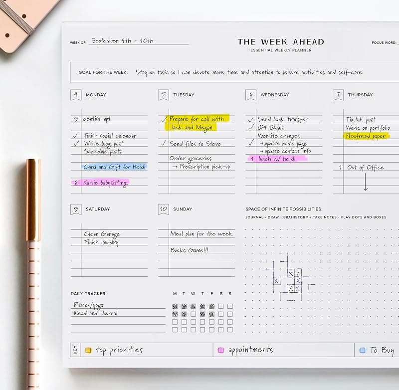 ThreeKin Essential Weekly Planner - 8.5"x11", 52 Tear-Off Sheets, Motivational Design, Goal Setting, Time Management, To-Do Lists, Productivity Organizer, Perfect for Home, Office, Students, Work 8.5"