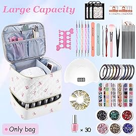 PU Leather Nail Polish Organizer and Nail Lamp Case, Nail Kit Organizer Holds 30+ Bottles (15ml - 0.5 fl.oz) and a Nail Lamp, Nail Polish Carrying Case with Manicure Tools Storage Sections (Pink Bow)