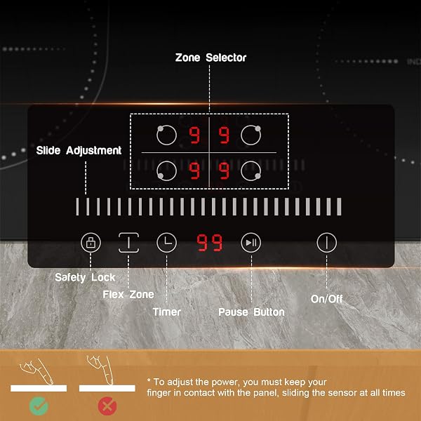 NOXTON Plug in Induction Hob 60 cm Flex Zones with 13AMP Plug, Induction Hob 4 Ring Built-in Slide Control, Timer, Pause Function, Safe lock, 2800W, 220V-240V - 4