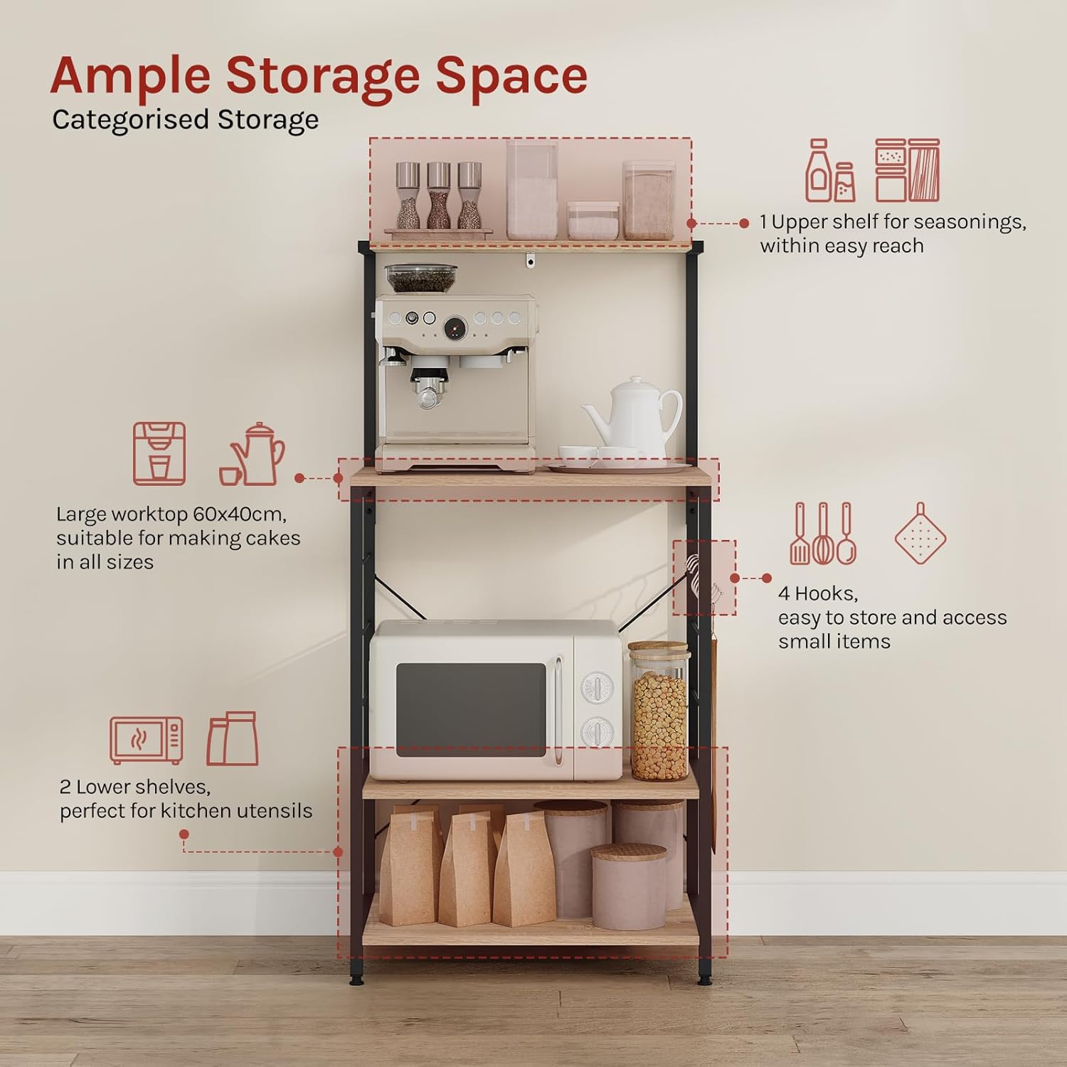 Diagram showing categorized storage options on the WOLTU Microwave Oven Rack