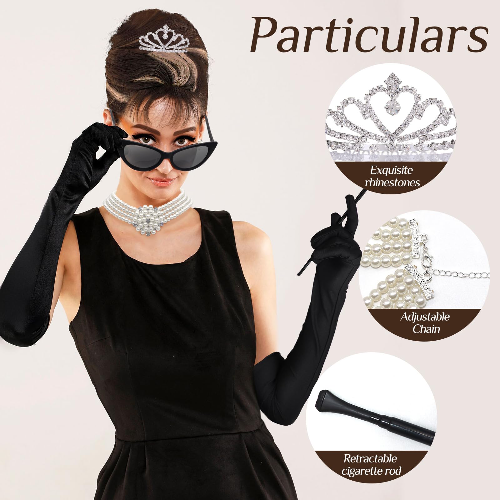 Oerphh 60s Retro Accessories, Fancy Dress Jewellery with Pearl Necklace Tiara Earrings Gloves Sunglasses Holder - Image 4