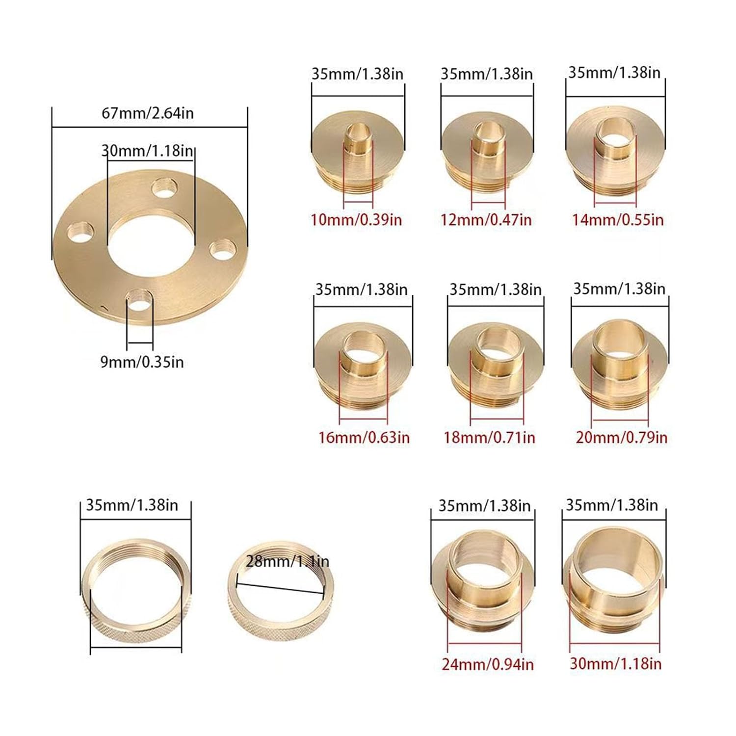 WALFRONT Router Template Kit, Solid Brass Bushing Set for Woodworking, 8 Sizes (5/16in to 1in), Carry Included, Tailor Made for Routing