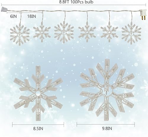 Miniatura 2 de Luces de copo de nieve de 8.5 pies con 6 gotas, 100 luces transparentes de cadena de luces de Navidad, enchufe y juego de luces de cortina de