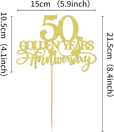 Miniatura 6 de 1 decoración de pastel de aniversario de 50 años dorados con purpurina dorada para decoración de pastel de cumpleaños, aniversario de boda,