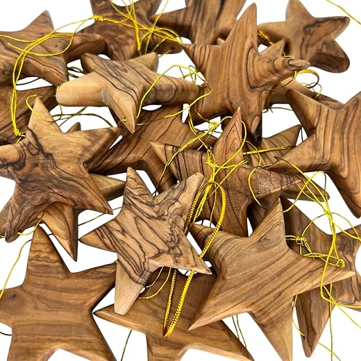 Wooden Star Ornaments Chriatmas, Set of 5 3D Star Christmas Ornament Carved from Olive Wood, Star of Bethlehem Ornament, Christmas Tree Decorations, Star Hanging Ornament for Christmas