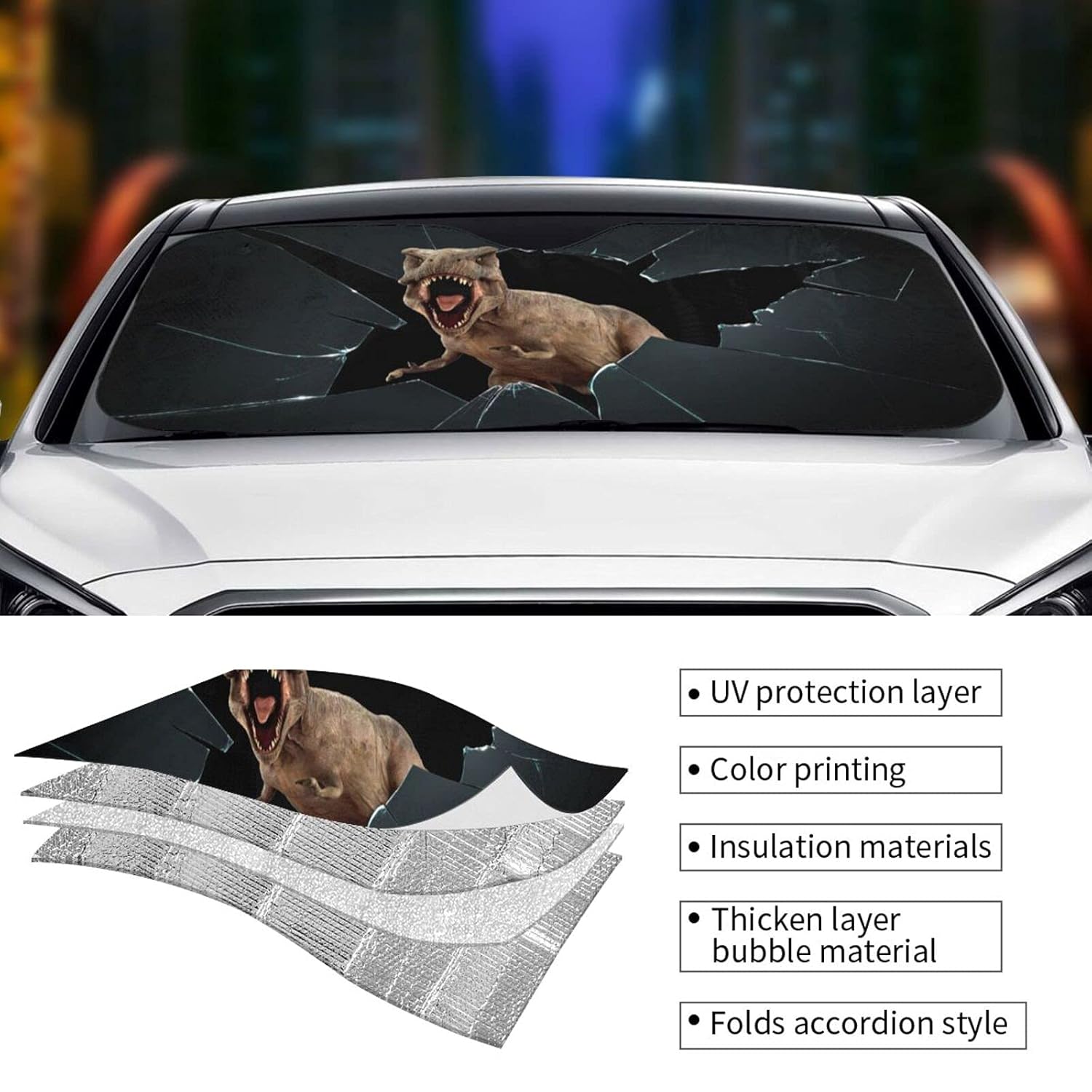 YOSA Funny Car Windshield Sun Shade Angry Dinosaur Driver Front Window Sunshade Tyrannosaurus Escaped Sun Visor Shades for Truck Pickup SUV Car, Blocks UV Rays Keep Vehicle Cool(Broken Window)