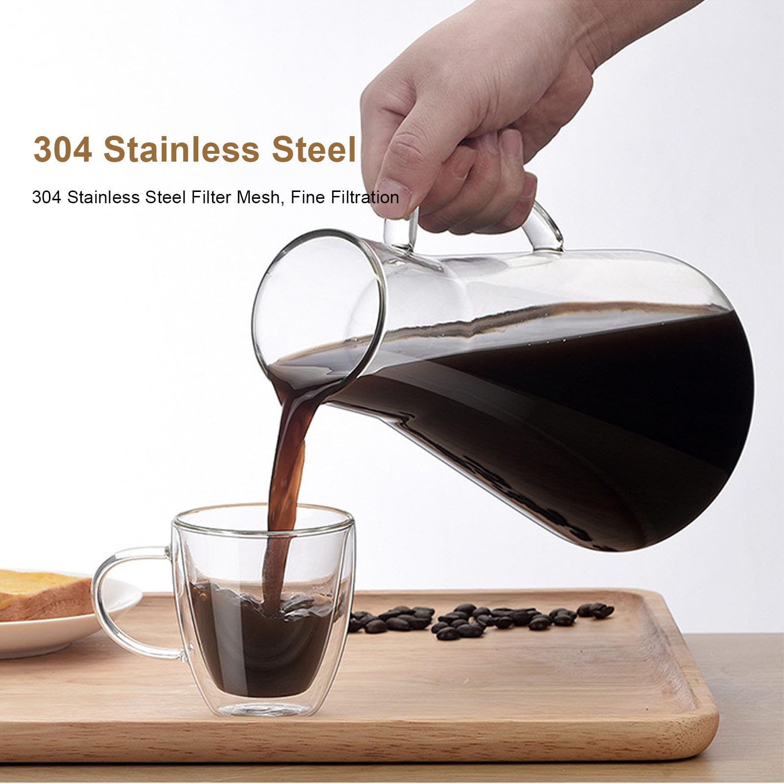 Cafetière à Infusion à Froid en Acier Inoxydable Pichet Verre Borosilicate 1600ML