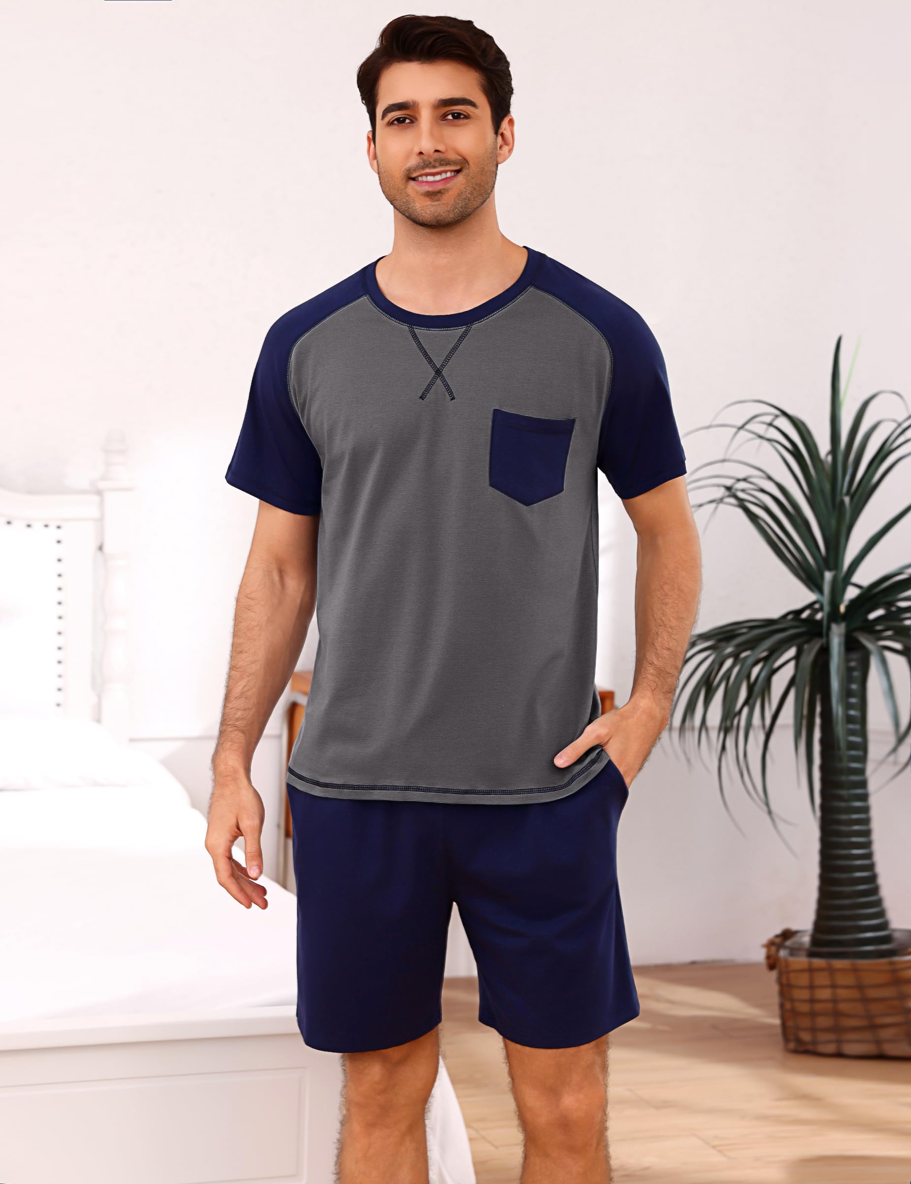 Aseniza Pyjama Homme Été Coton Court Short Ensembles de Pyjama Shorty Vêtements de Nuit Homme Manches Courtes Col Rond Confortables et Respirants