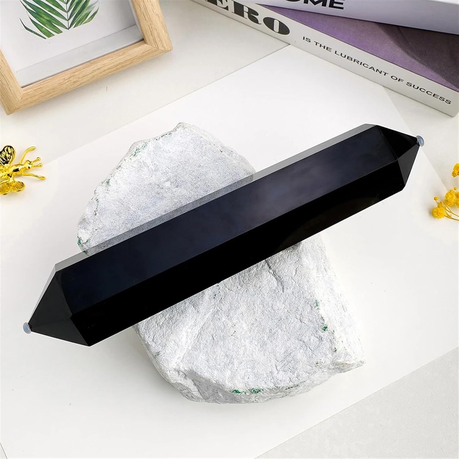 AtkitS Beautiful 1pc Natural Black Quartz Obsidian Double Point Crystal Magic Wand Hexagonal Prism Column Reiki Handcraft Decoration