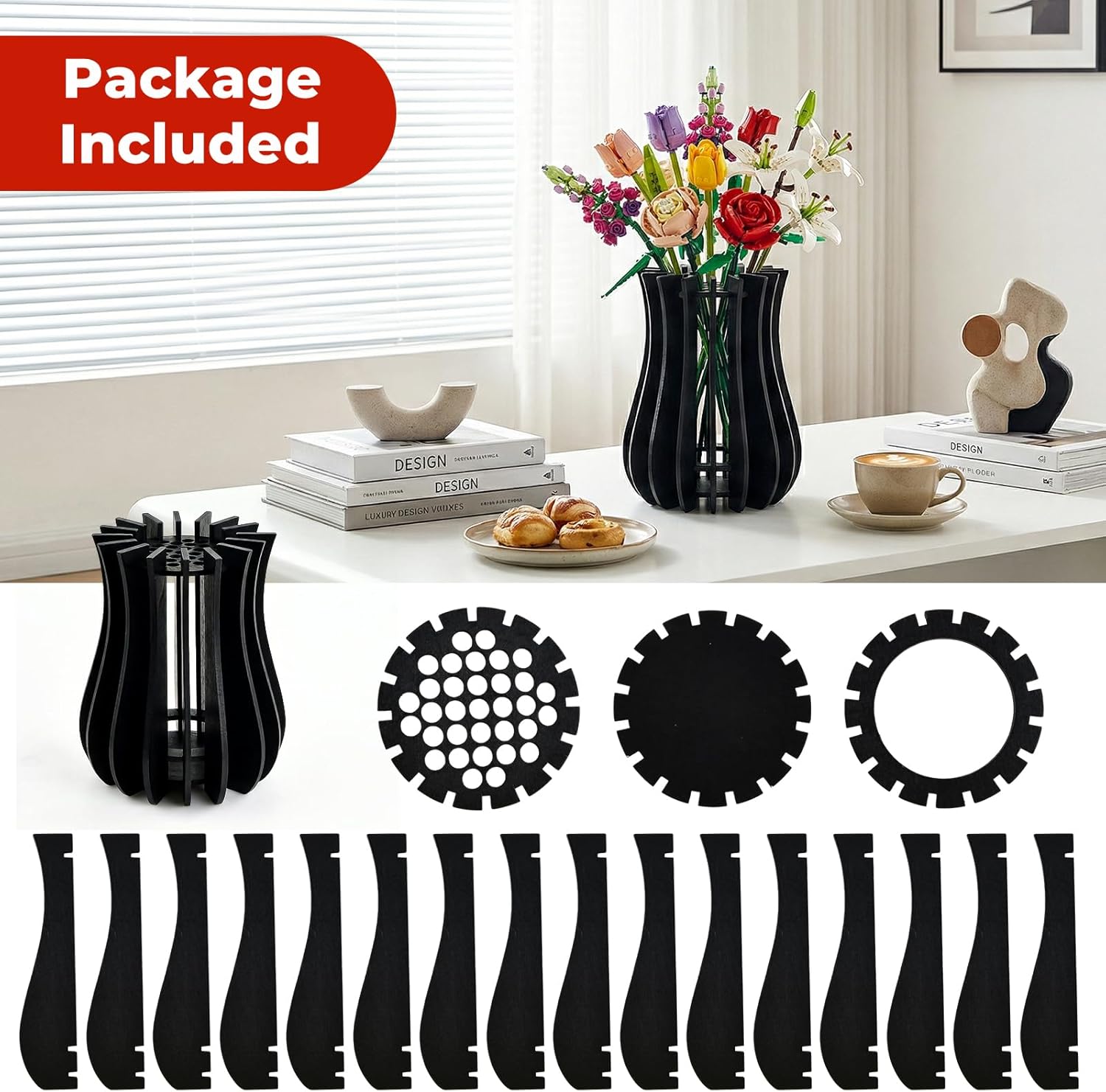 Wooden Vase for Lego Flowers, Puzzle Lego Vase for Rose Flower Bouquet Building Set, Black Display Stand for Lego Botanicals Flower Lovers, DIY Gift for Mom and Kids Friends