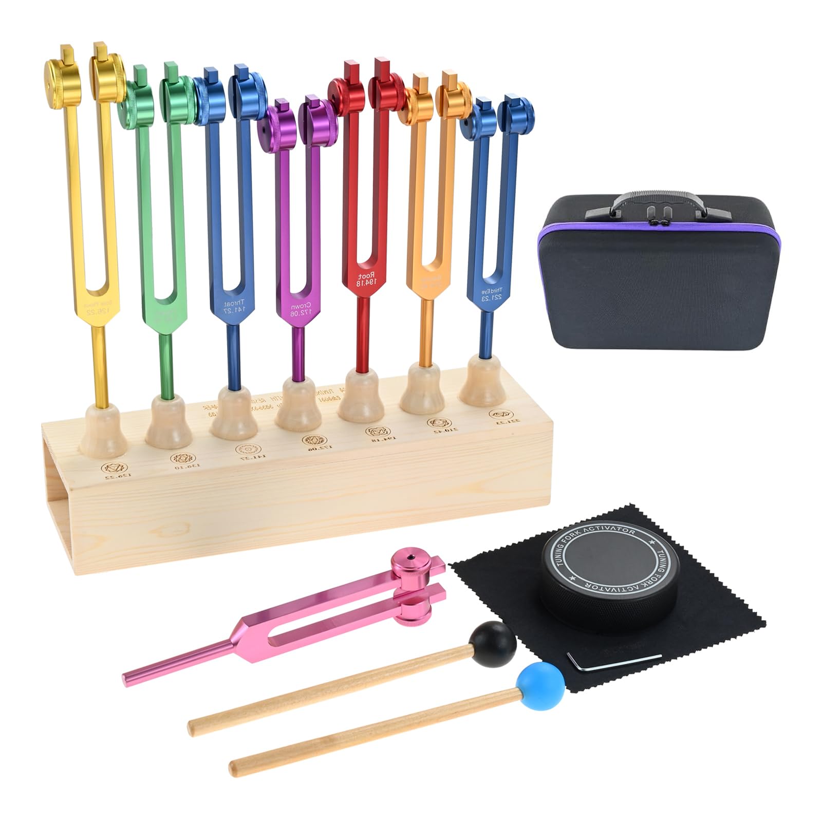 Chakra Tuning Fork, 7 Chakra and 1 Soul Purpose Weighted ColorfulTuning Forks - With Handbag, Activator and Wooden Sound Box