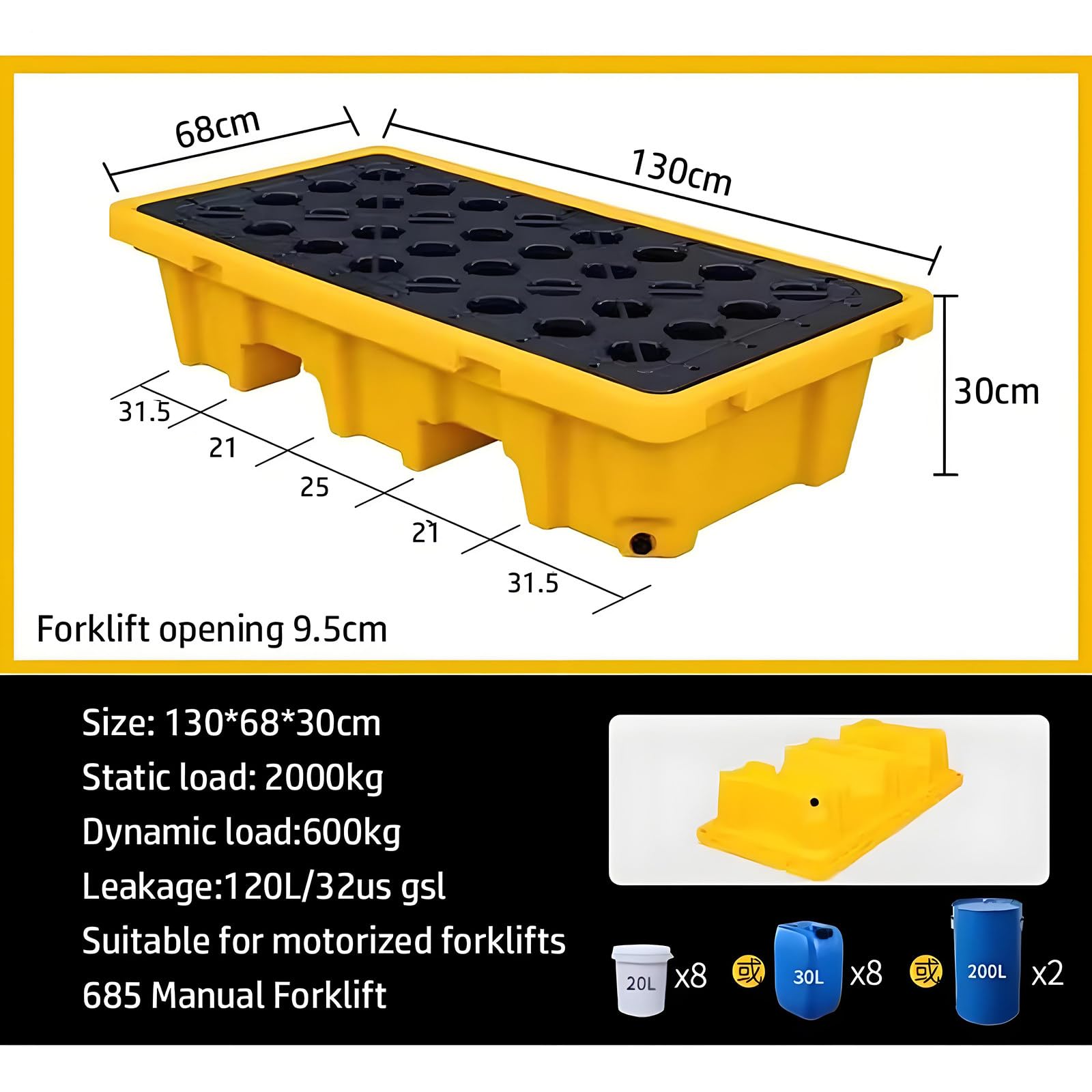 Stapelbare Auffangwanne mit Gitterrost und Abfluss - Modulare Auffangwanne für einfache Handhabung - Ideal für Chemikalien- und Ölunfälle (Größe: 130 x 68 x 30 cm)