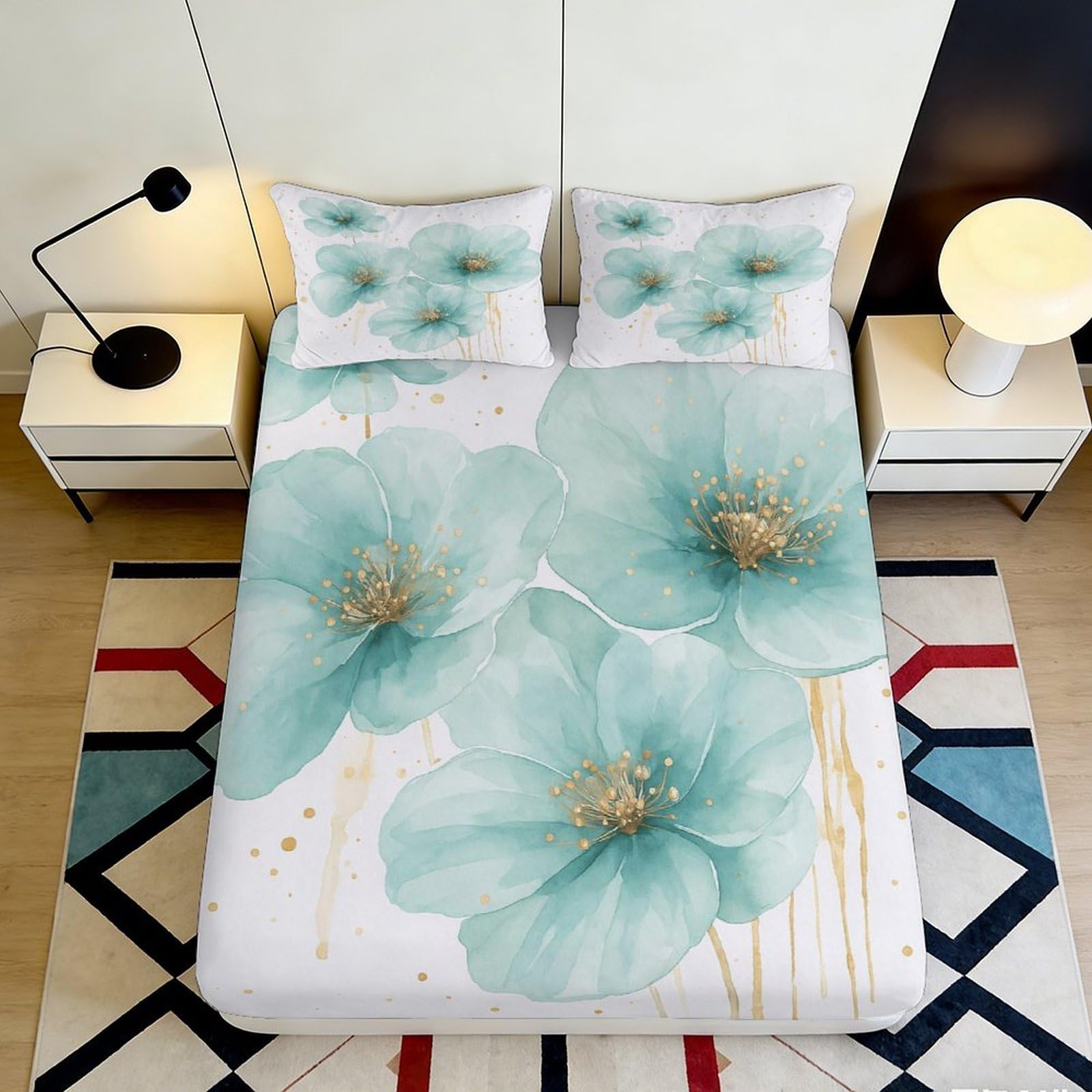 3D Printed Blue Watercolor Floral Fitted Sheet Microfiber Soft Slip-Resistant Artistic Green Blossom Mattress Cover Bedroom Home 90x200x25cm