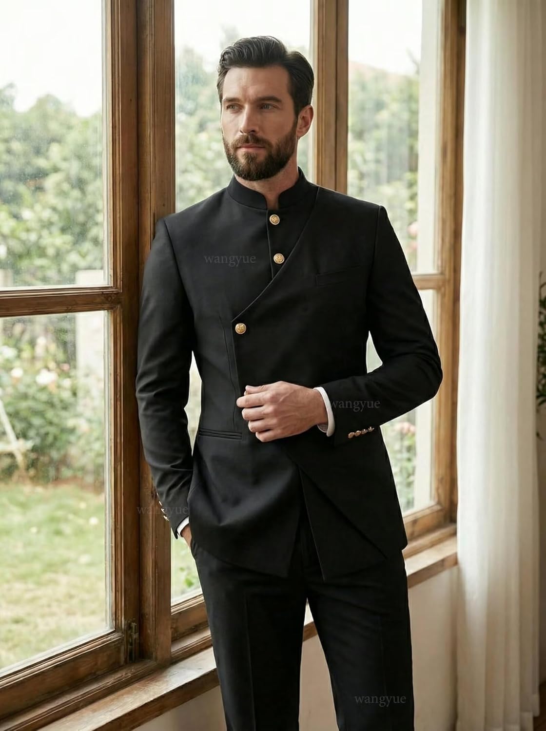 Wangyue Chinese Suit Men 2 Piece Slim Fit Safari Suits for Men Mandarin Collar Suit Chinese Tunic Suits Blazer Pants Set - Image 2