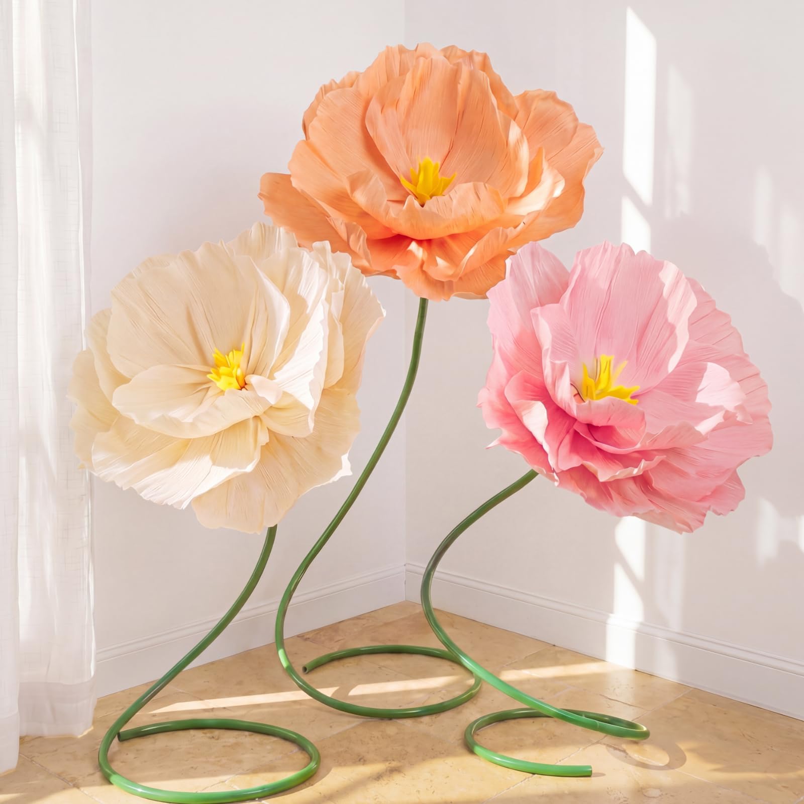 Photo 1 of Maysing 3 Pcs 5ft Large Paper Mix Color Poppy Flower Giant Artificial Poppies Standing Huge Handcrafted Poppy Flower Wicked Party Decoration for Summer Wedding Graduation Birthday Garden Hotel Office