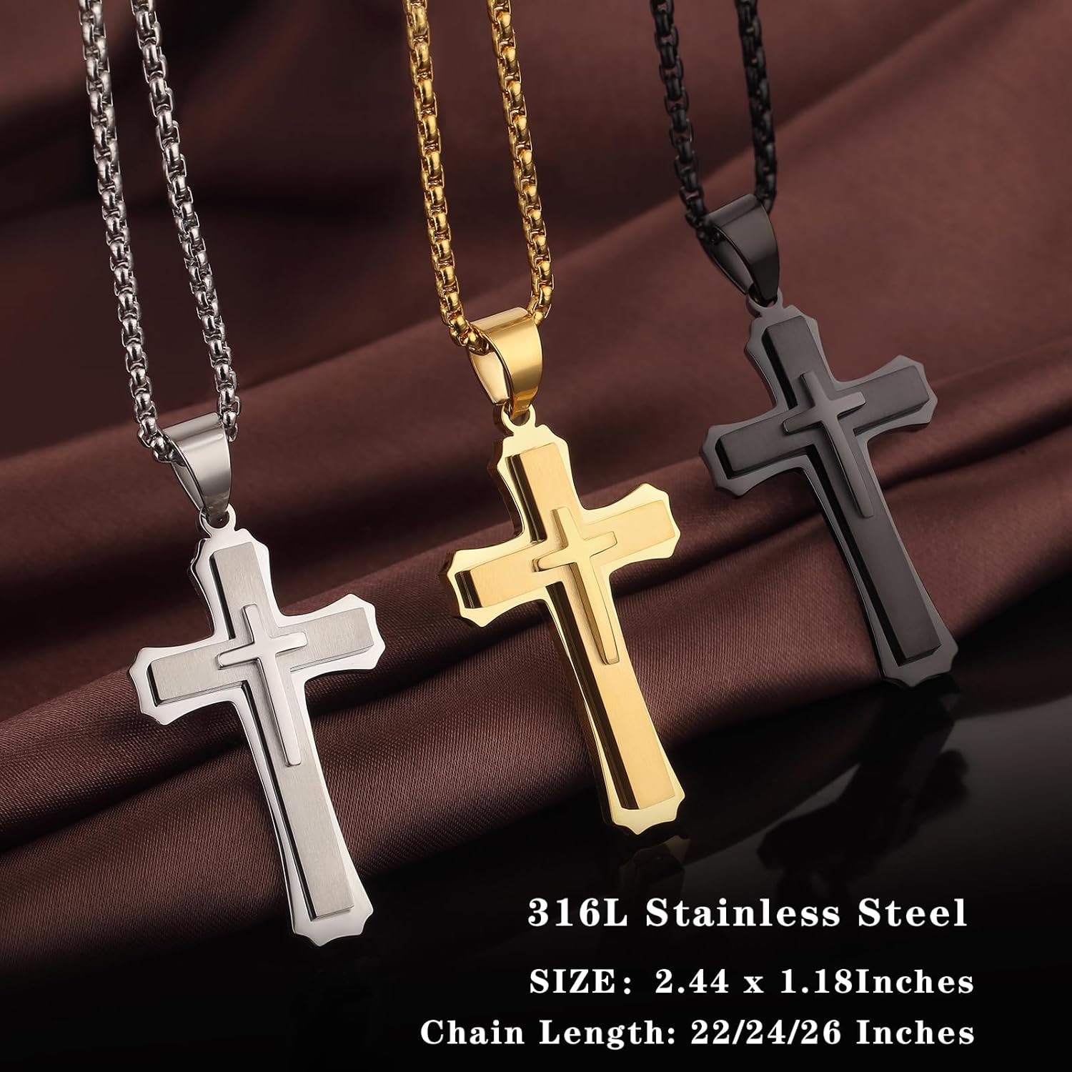 jiamiaoi Cross Necklace for Men Surgical Steel Mens Cross Necklace 316L Stainless Steel Cross Pendant Necklace in Color Silver/Black/, Nickel Free Steel Cross Necklaces Chain 22In-26In - Image 6
