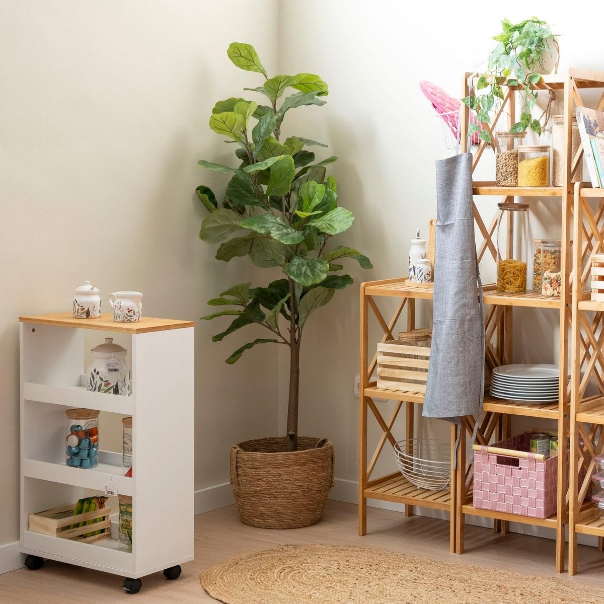 CASASELECCION - Carro estantería con Ruedas en Madera Blanco y Natural de 48x24x77 cm. Carrito Multiusos con bandejas anticaída, Ideal para organizar con Movilidad la Cocina, el baño u Oficina.