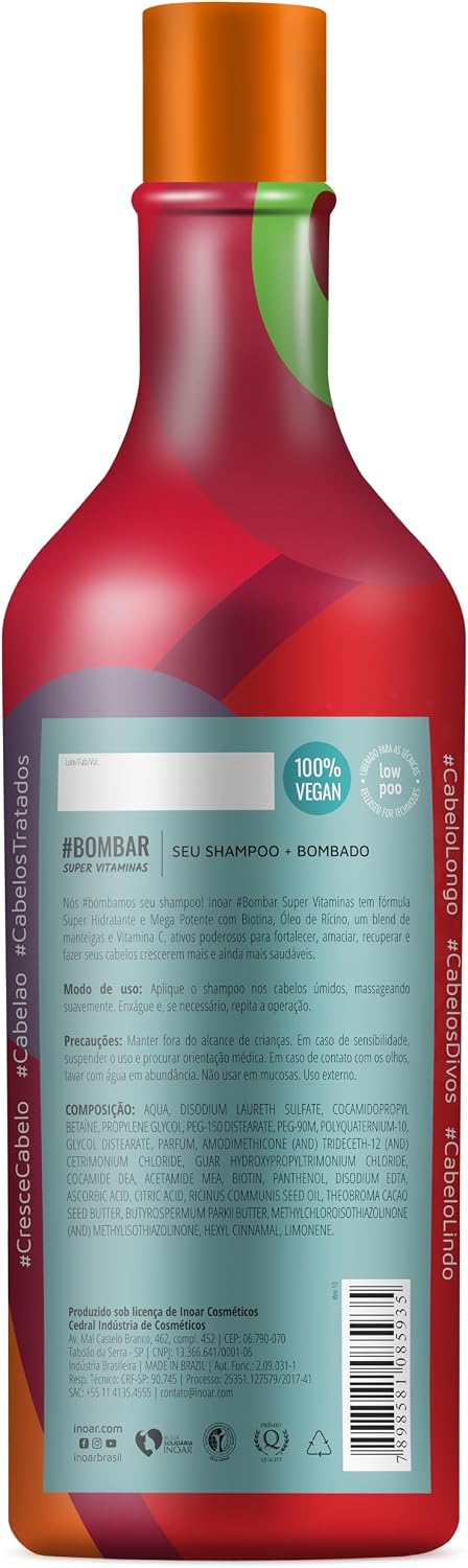 Inoar, Bombar, Shampoo Fortalecedor, Crescimento e Hidratação Diária, Biotina, Vitamina C e Blend de Manteigas, Vegano – Para Todos os Tipos de Cabelos, 1L