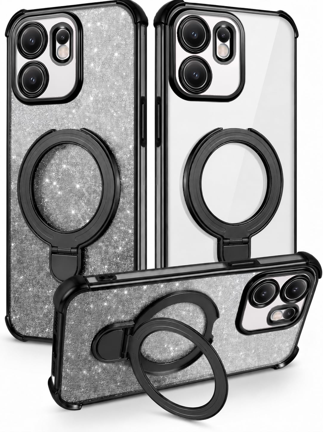 Smart | Mobigon Glitter Phone Case Compatible with OPPO Reno13 F/Reno 13F, Magnetic Ring Stand Shockproof Cover, Clear Soft TPU Bumper with Full Camera Protection - Black 2026