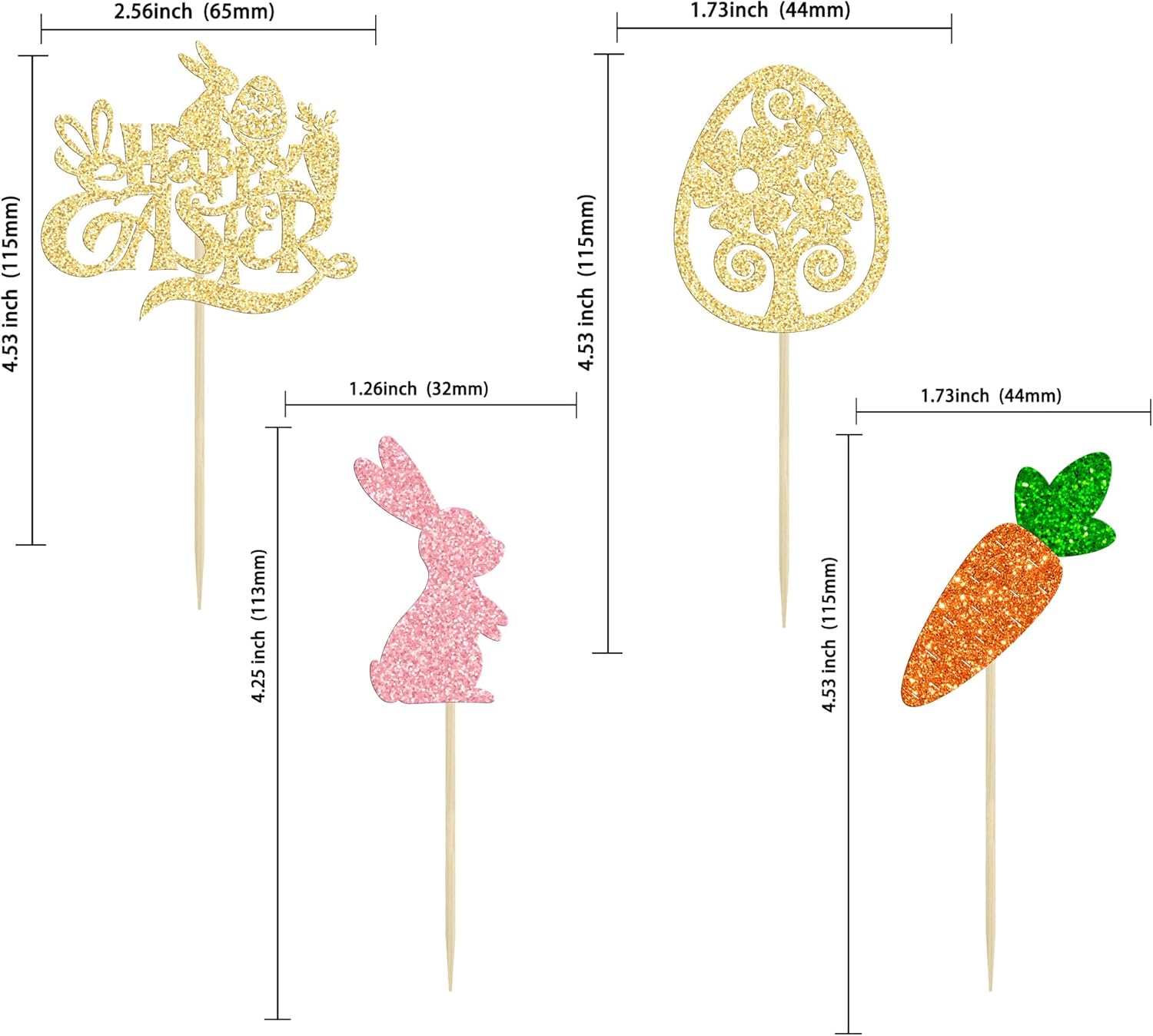 Ephlyn 24Pcs Happy Easter Cupcake Toppers - Glitter Bunny, Egg, Carrot Cake Pick Decorations for Spring Theme Baby Shower Kids Birthday Party Supplies