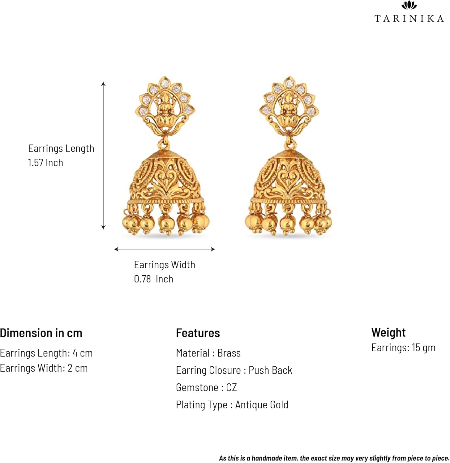 TARINIKA Antique Gold-Plated Indian Jhumka Earring for Women Brass CZ Temple Design Desi Dangle Jewelry Wedding Jewelry Ethnic Occasion Gift for Her - Image 4