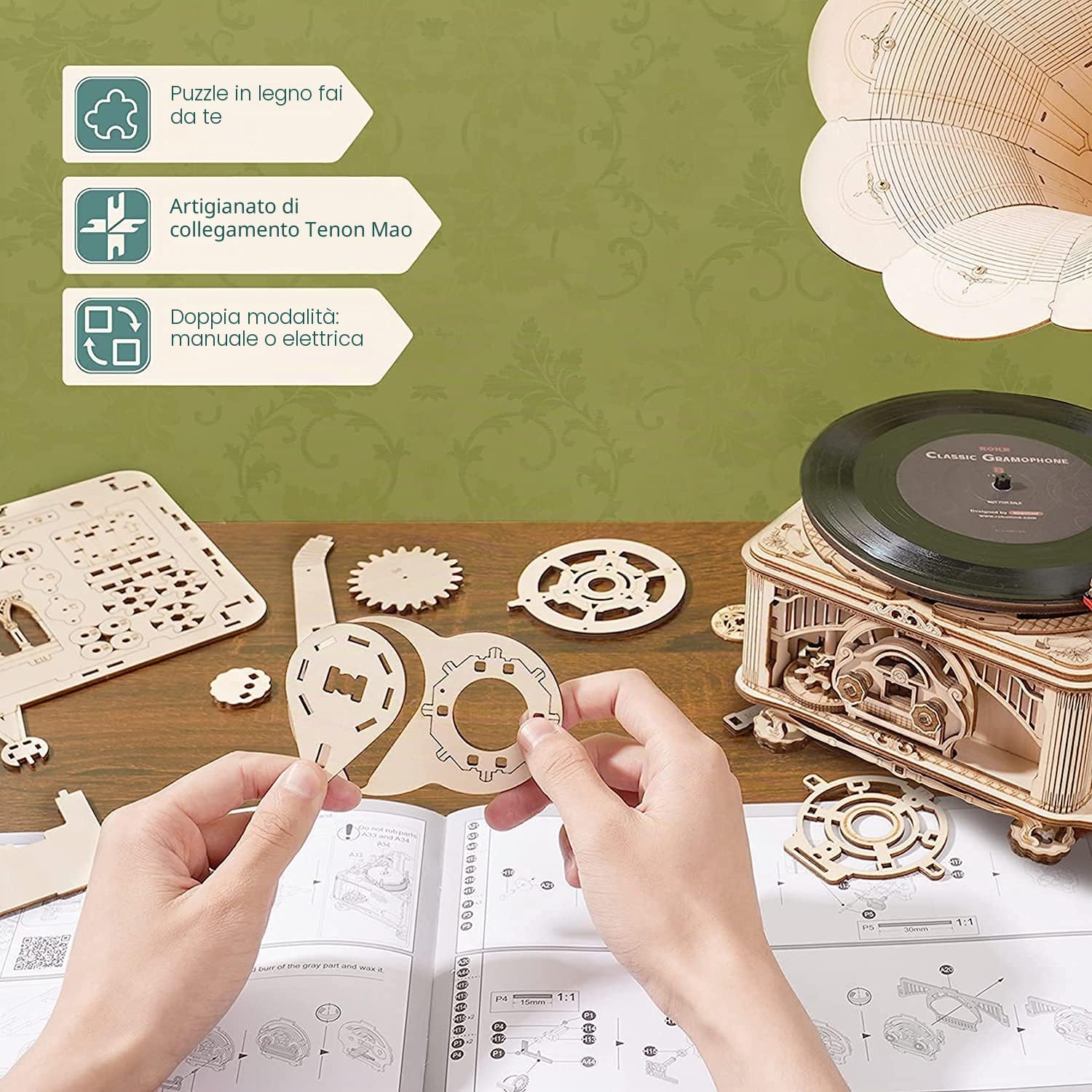 ROKR Puzzle 3D Legno per Bambini e Adulti Modellismo da Costruire Grammofono Classico Kit Modello, Modalità Automatica e Manuale LKB01D