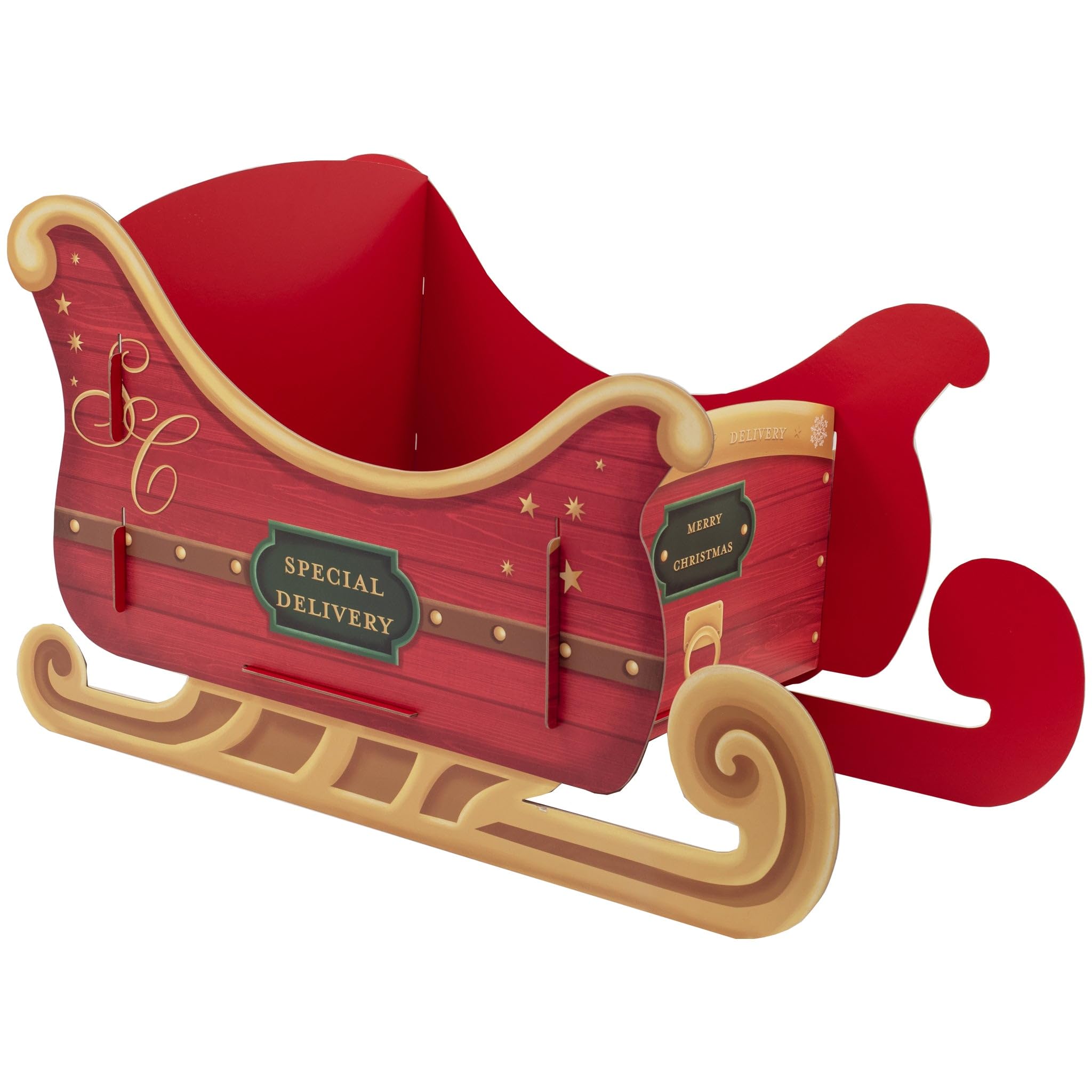 Design By Violet Small Christmas Santa Sleigh Gift Box with Stickers | Red and gold 29 x 18 x 15 cm cardboard sleigh for displaying sweets, treats and small Christmas gifts