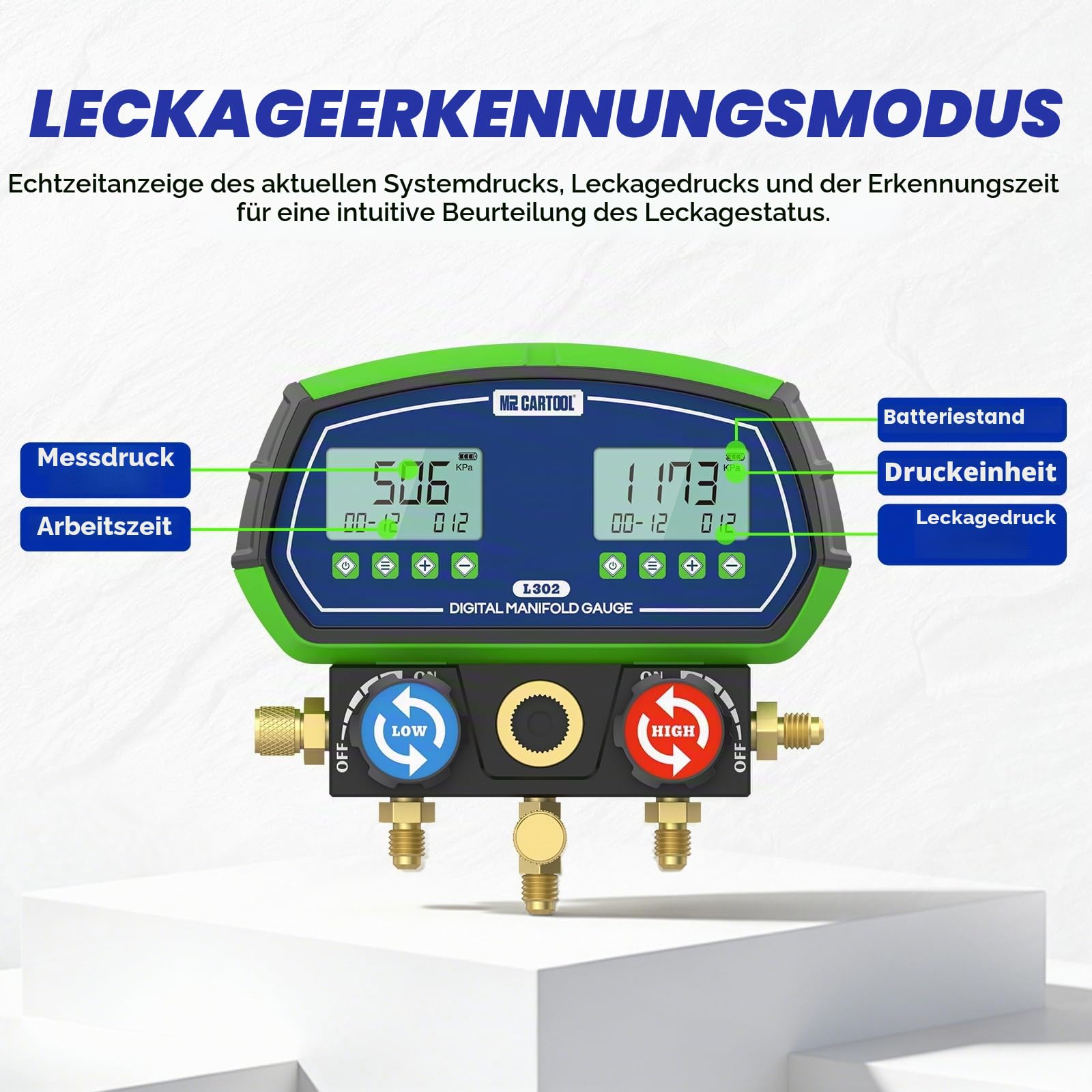 MR CARTOOL Digital Monteurhilfe L302 Kältemittelanzeige HVAC Messgerät R134A R32 R410A 90 Kältemitteln Vakuumpumpe