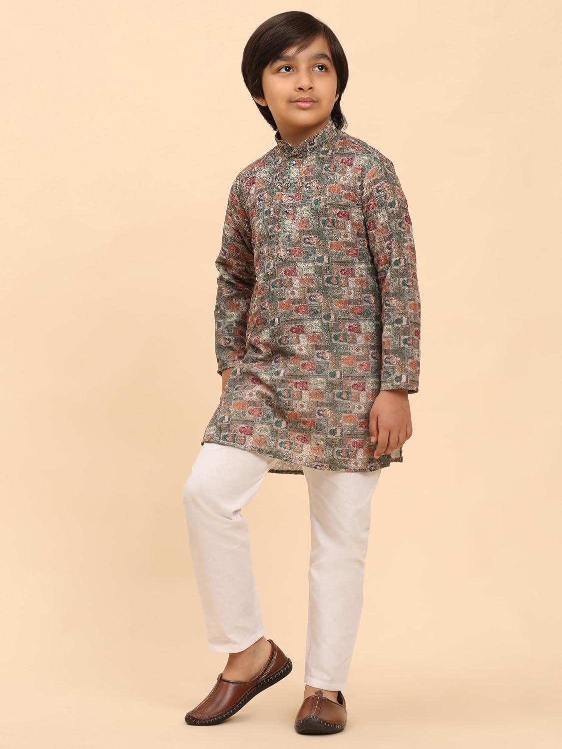 Pro-Ethic Style Developer Cotton Regular Fit Sequence Printed Work Kurta for Boys | Traditional Indian Festive Kurta (S-277)