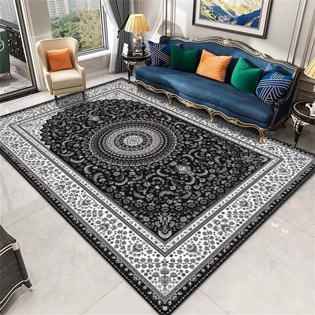Tapis à motifs floraux noir traditionnels décoration sol 60x120