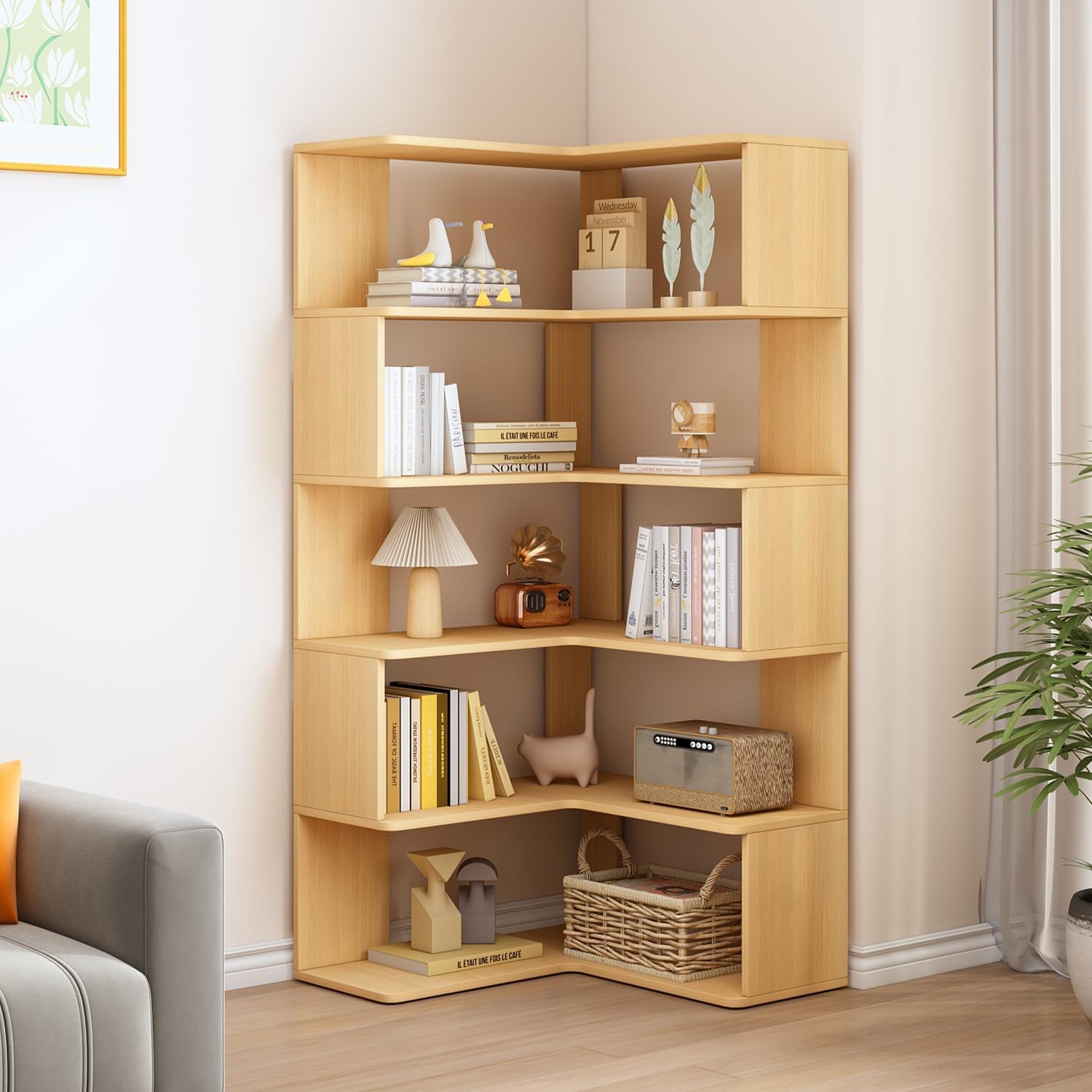 IOTXY 6-Tier L-Shaped Corner Bookshelf - 66" Tall Wooden Freestanding Bookcase with Open Shelf Units, Oak