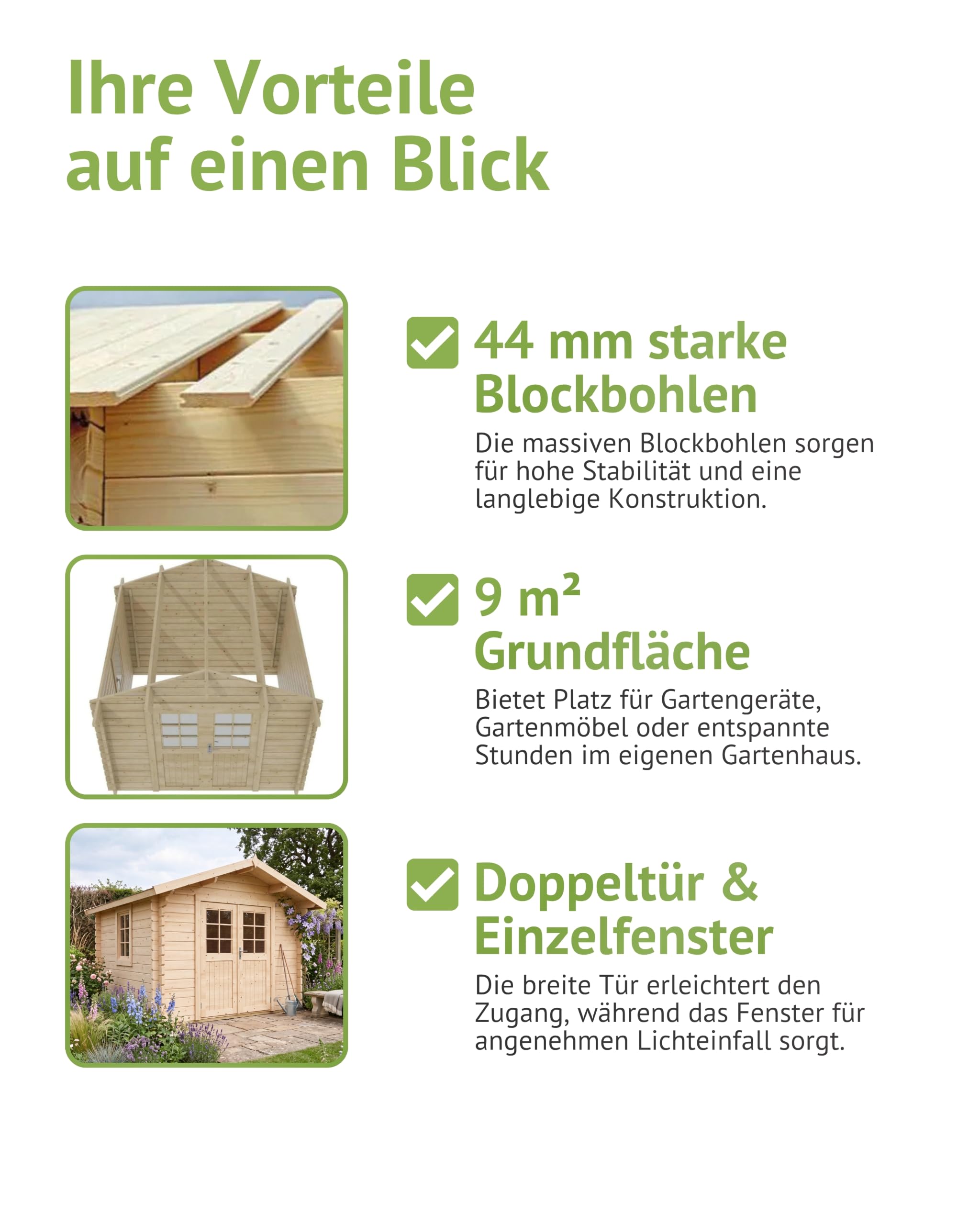 Steiner Shopping Gartenhaus Wiesentraum 05 I 44 mm Blockbohlenhaus aus naturbelassenem Holz I Außenmaß 320 x 342 cm I Gartenhaus mit Satteldach, Doppeltür & Einzelfenster