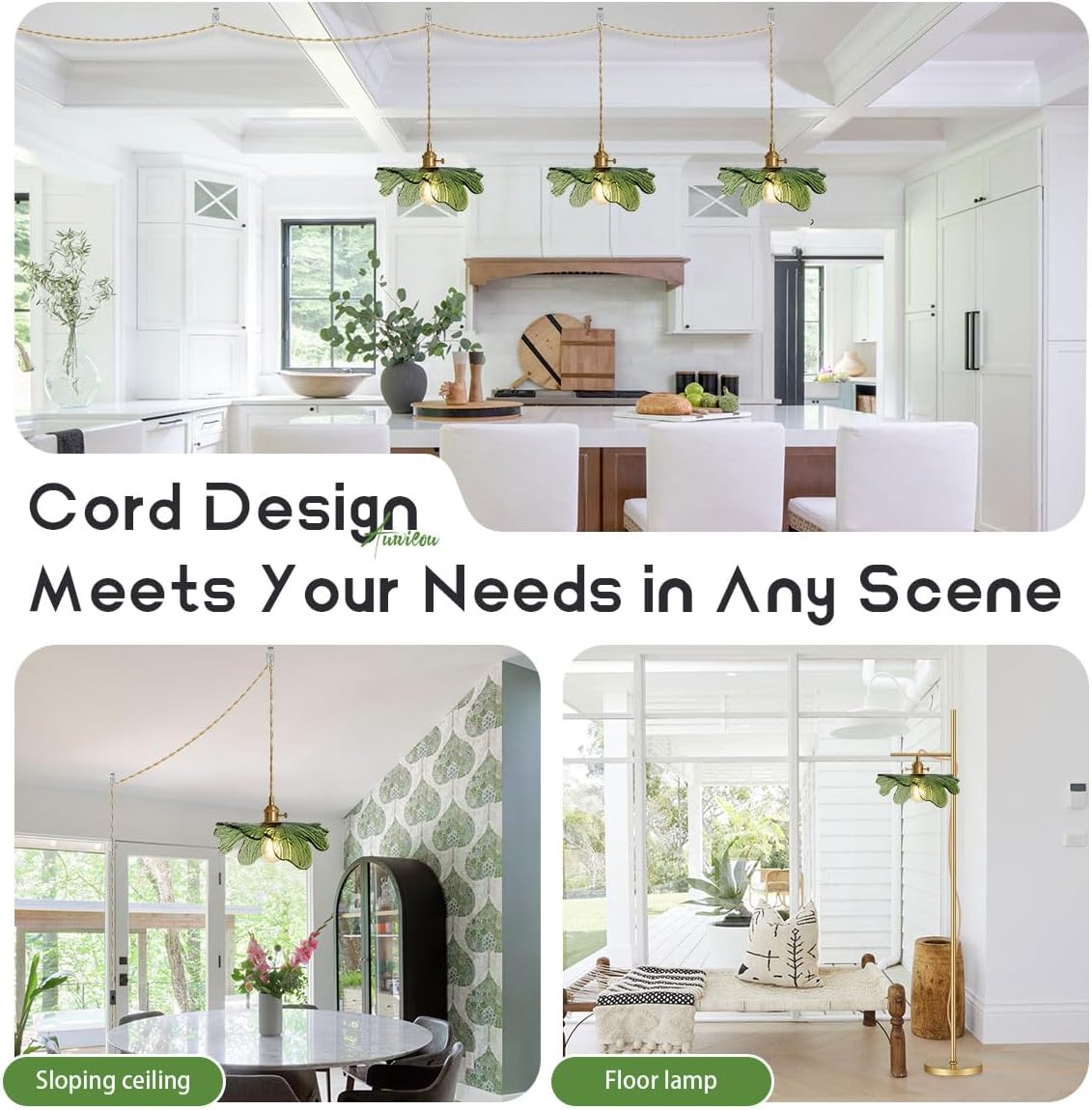 2 Pack Plug in Pendant Light, 14.75ft Cord Hanging Light with Hand Blown Green Glass Shade, Brass Pendant Lamp Plug in Hanging Lighting for Kitchen Island Bedroom Living Room Dining Room