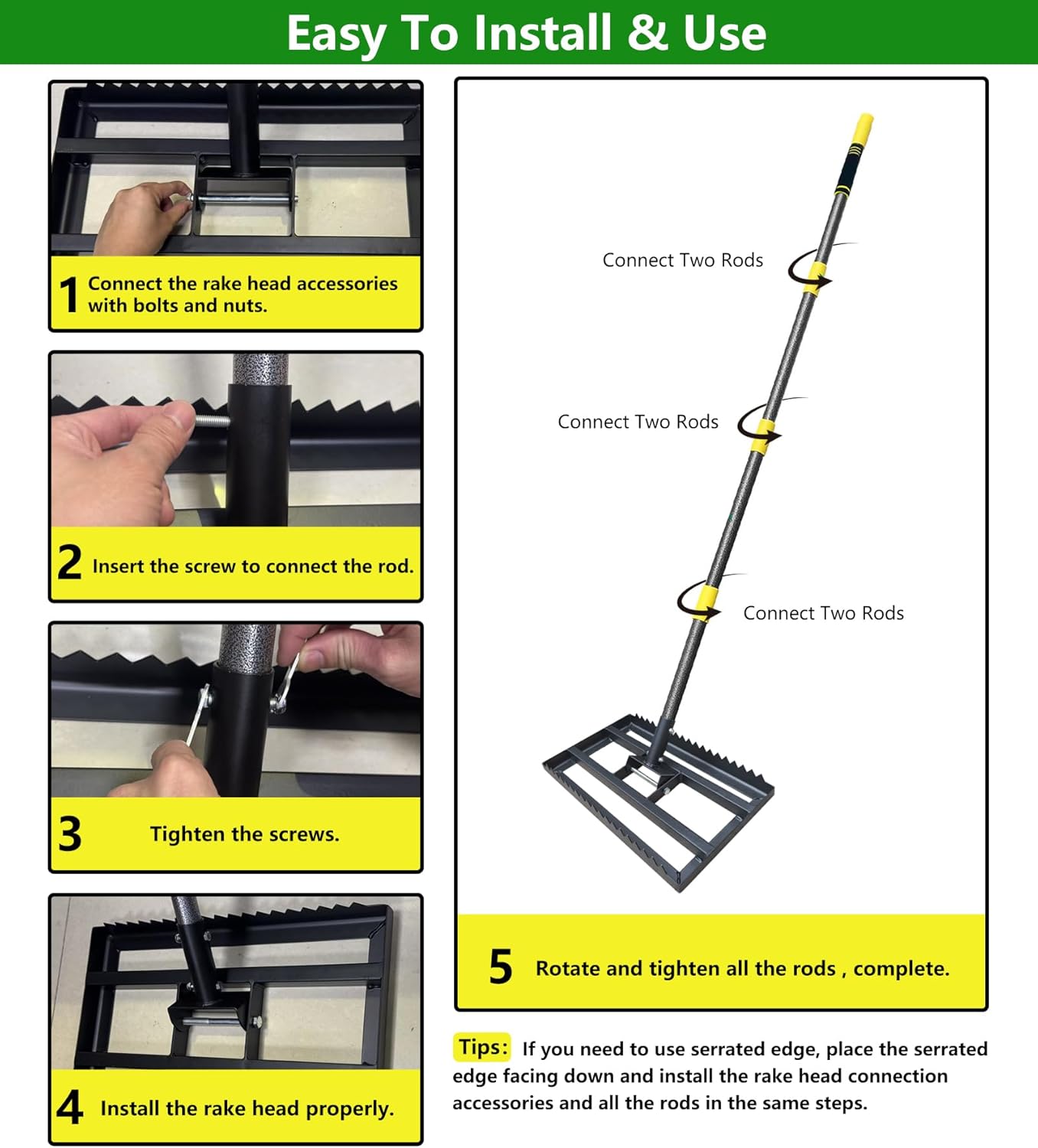 Lawn Leveling Rake - Heavy Duty Yard Leveler , Reinforced Welds, 74" Adjustable Handle, Reversible Plate for Soil, Dirt, Ground, Backyard Top Dressing, Landscaping (17x10 inch)