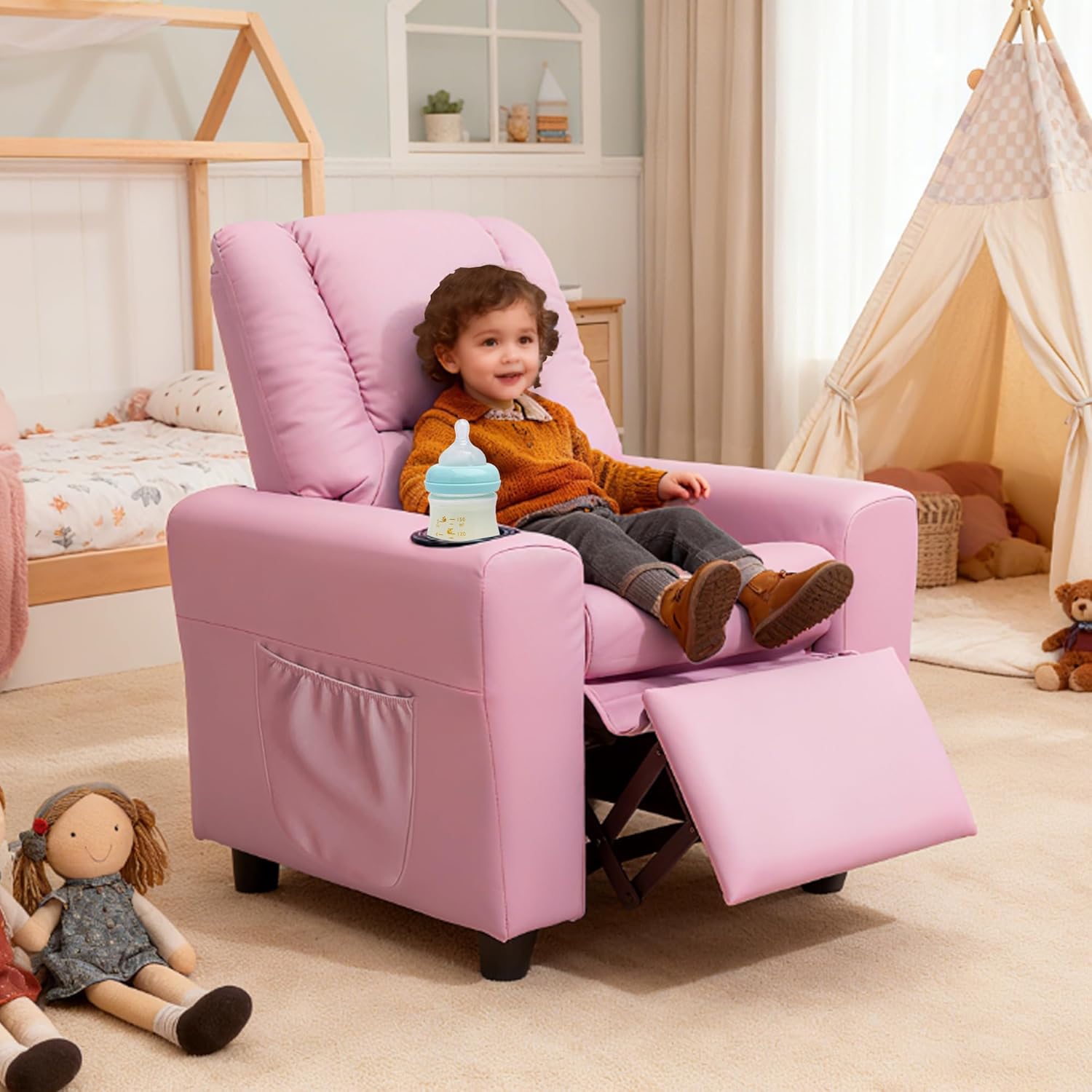 Kids Recliner Chairs for Toddlers, Toddler Recliners for Kids Age 0-5 with Cup Holder and Side Pocket, Leather Lounge Chair for Girls Boys Baby Bedroom, Pink