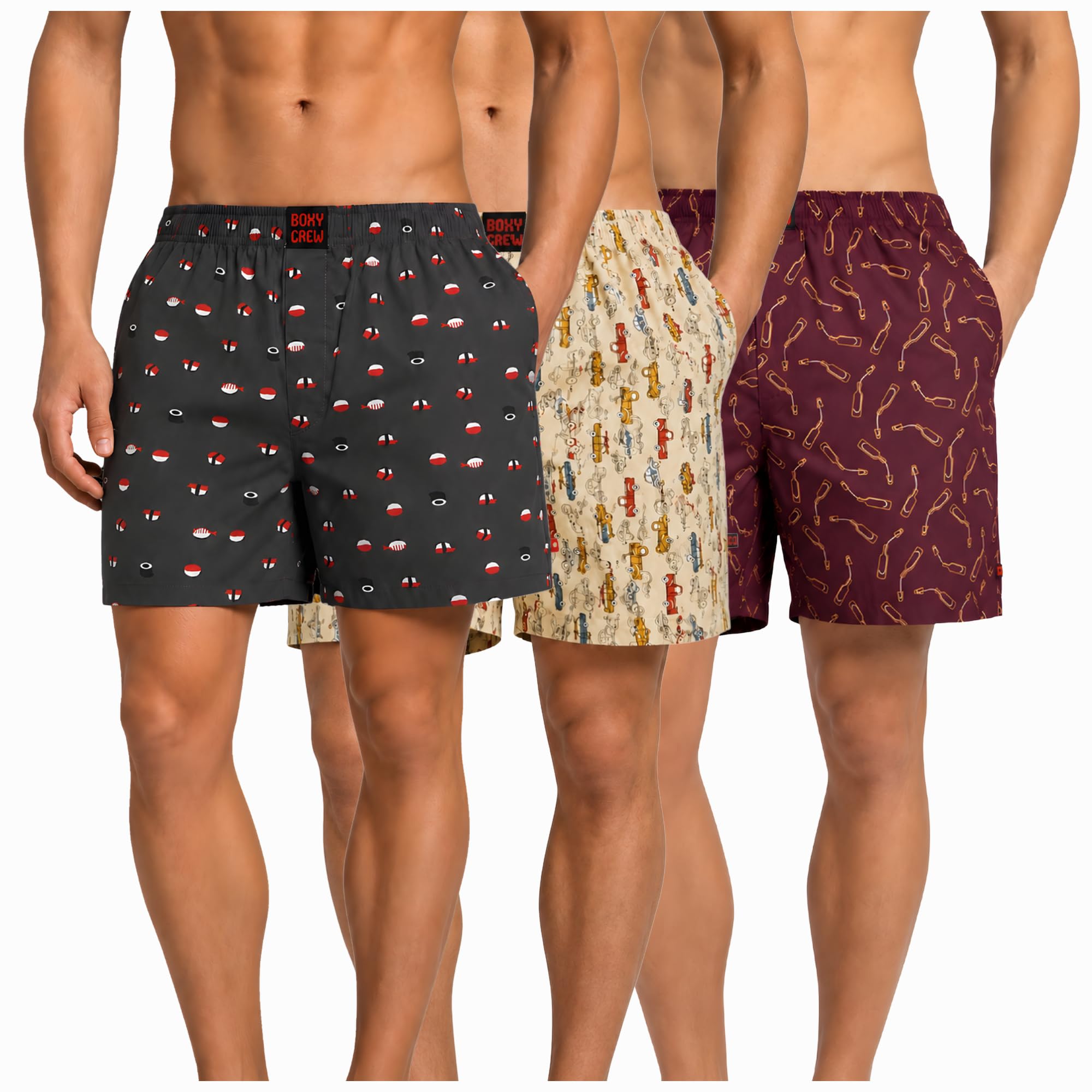 Men's 100% Cotton Boxer Shorts Pack of 3, Charcoal, Beige & Maroon | Woven Boxers with Side Pockets, No-Marks Elastic Waistband, Breathable Relaxed Fit | Style 012-013-014-image-49