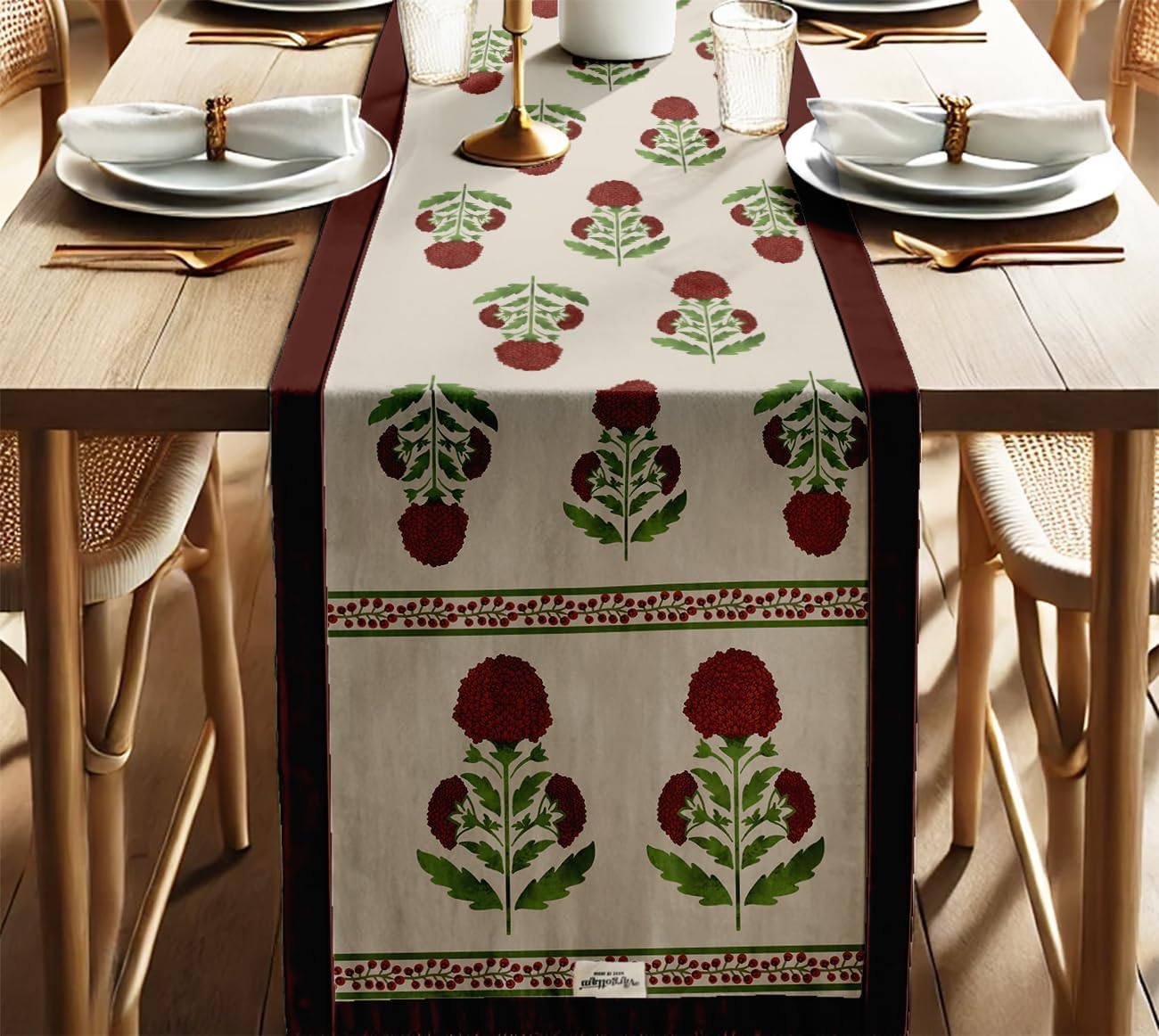 Floral Print Cotton Table Runner by Vargottam - Double Layer with Border - Washable Runner - Decorative Table Linen for Dining & Everyday Use