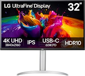 LG Ultrafine 32UP83AK-W 32” 4K UHD Monitor, VESA DisplayHDR 400, IPS Panel, sRGB 95% Color Accuracy, USB-C, 60W PD, Dual HDMI, Tilt/Height/Pivot Adjustable, Built-in Speakers, White