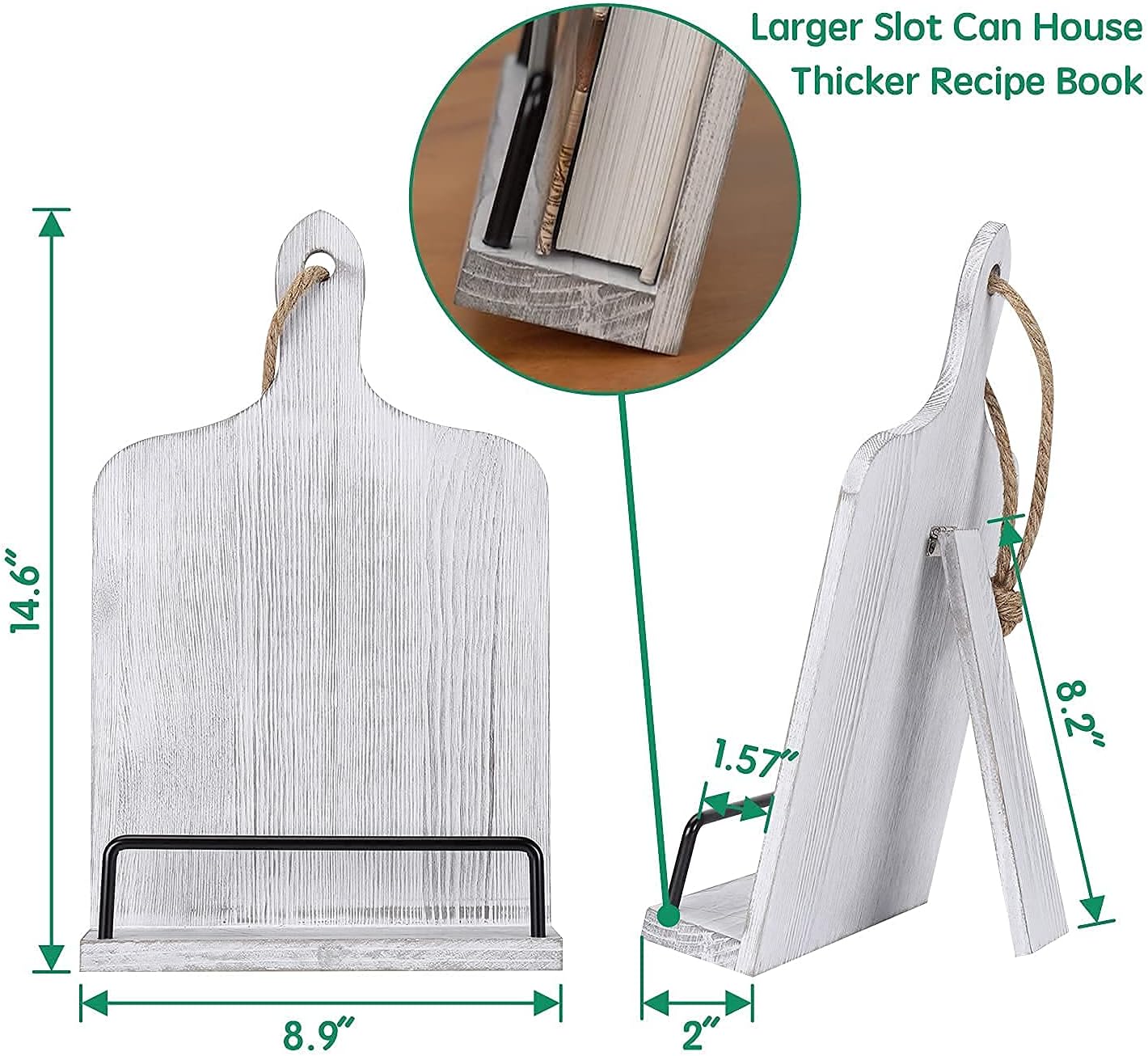 Soligt Cookbook Stand for Kitchen Counter Adjustable Recipe Book Holder Rustic Wood Cutting Board Style - White