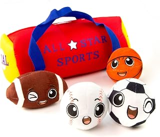 My First Sports Bag with 4 Plush Sports Balls - Rattle Balls for Baby with Soft Football, Basketball, Baseball, Tennis Ball & Soccer Ball for 1 Year Old Toys - Baby Toys for Toddler