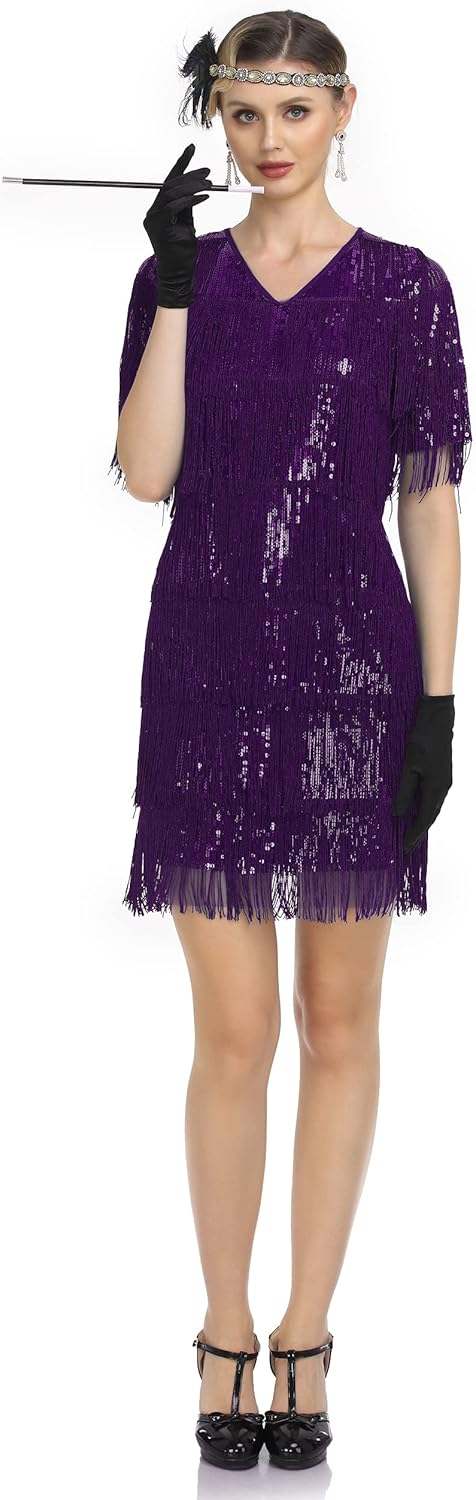PrettyGuide Women's Flapper Dresses with Sleeves Tiered Long Fringed Sequin 1920s Great Gatsby Cocktail Dress Costume - Image 3