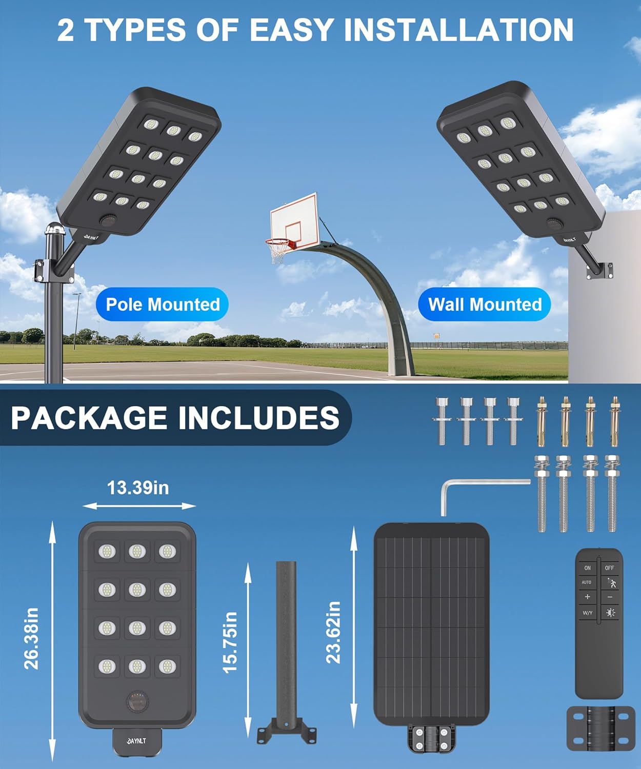 JAYNLT X-13000W Solar Street Lights Outdoor, Ultra-Large 6500K Commercial Parking Lot Lights Dusk to Dawn,IP67 Waterproof Solar Power Flood Security Light for Playground,Road - Image 8