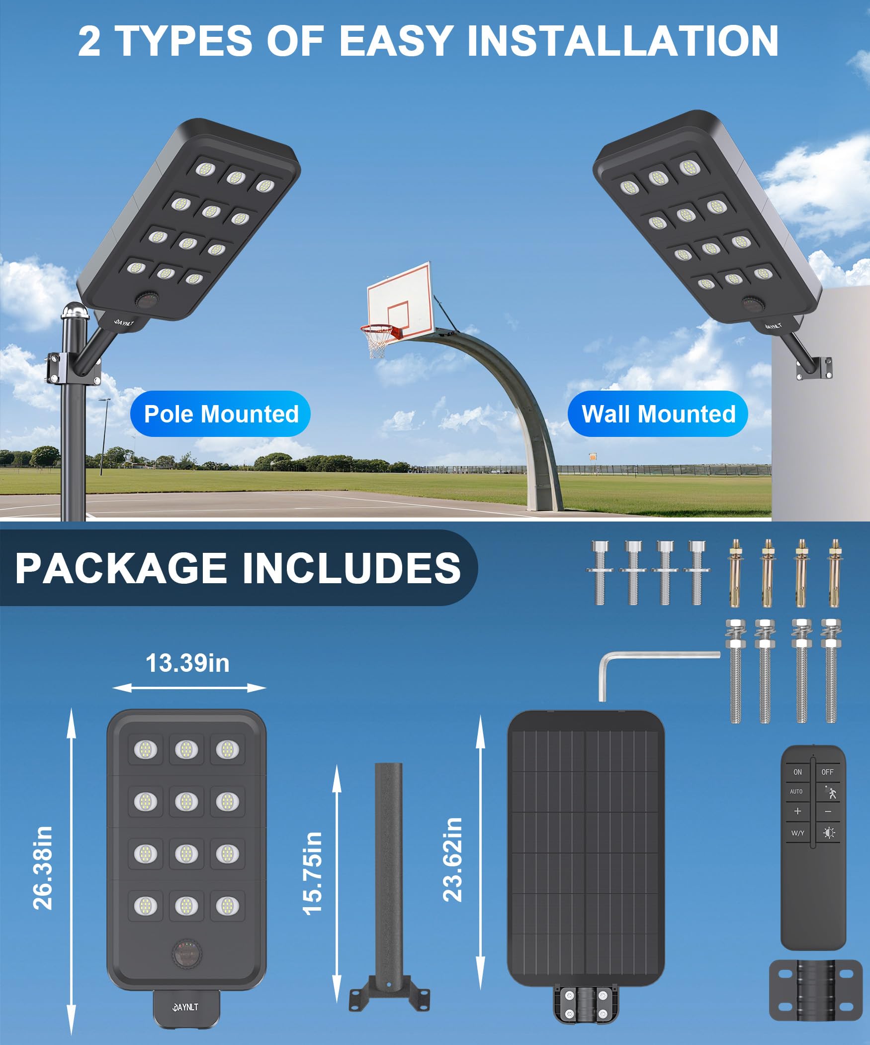 JAYNLT X-13000W Solar Straßenlaterne für Außen, 6500K Solarleuchten Superhelles Solarlampen mit Bewegungssensor, IP67 Wasserdicht Flutlicht Sicherheitsleuchte für Spielplatz Straße