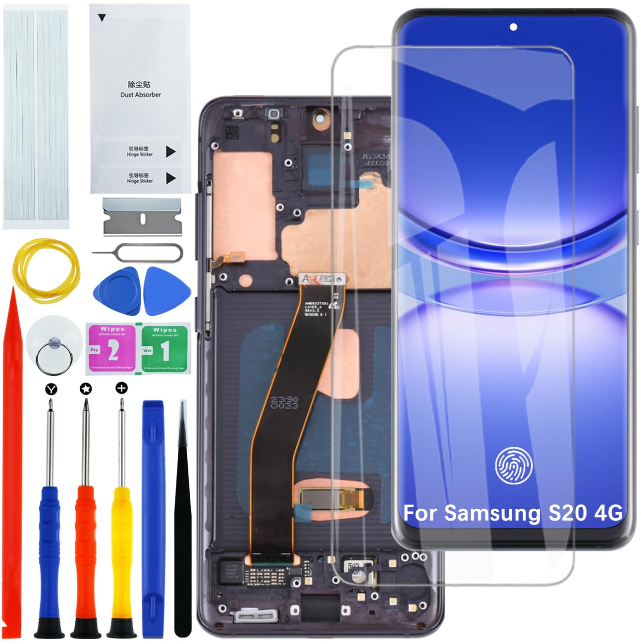 OLED Screen for Samsung Galaxy S20 4G G980 G980F G980F/DS Display Screen Replacement Assembly Repair Kit (Black with Frame, with Fingerprint, Curved Screen)