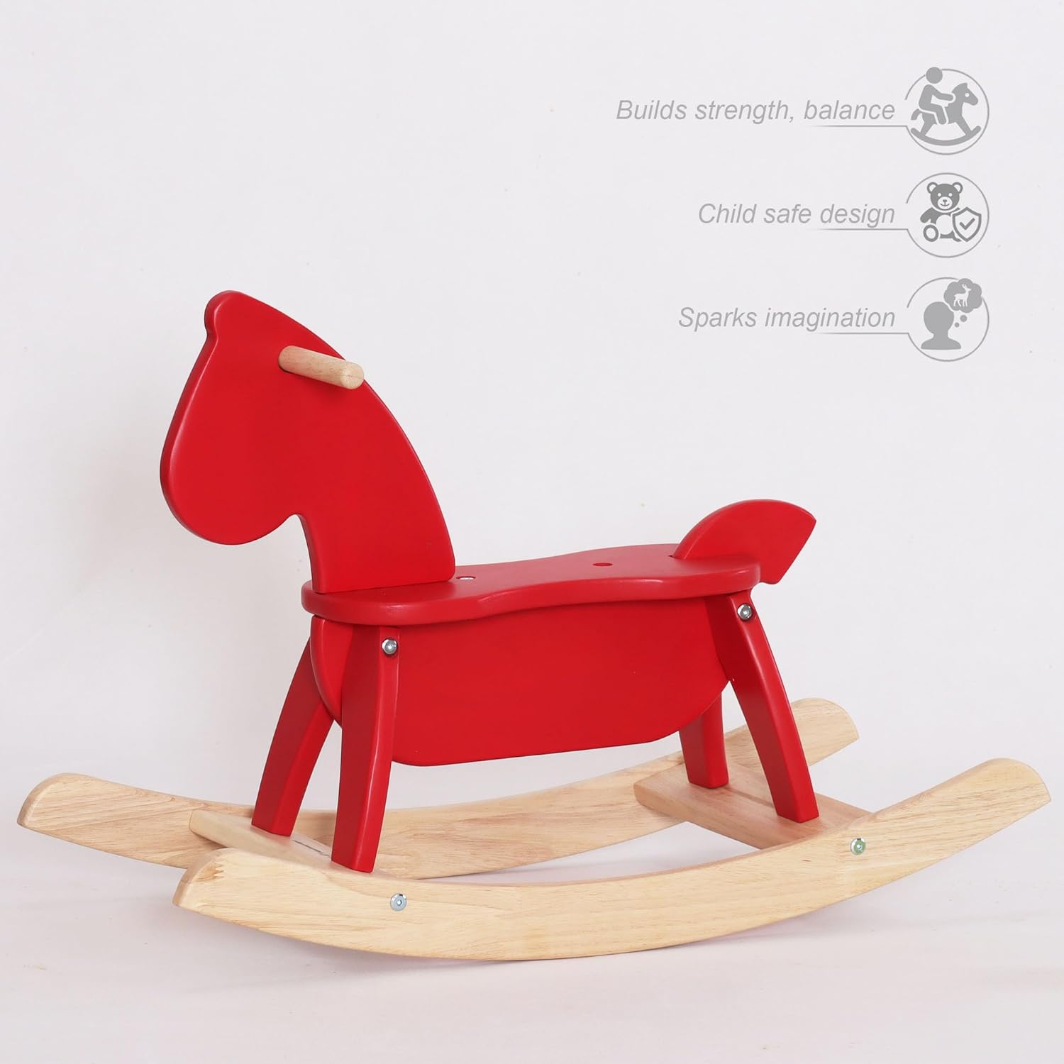 Red Wooden Rocking Horse Funny for Toddlers (Ages 2-4) - Solid Rubber Wood, Smooth Surface for Creative Decoration, Minimalist Rocking Horse, Vintage