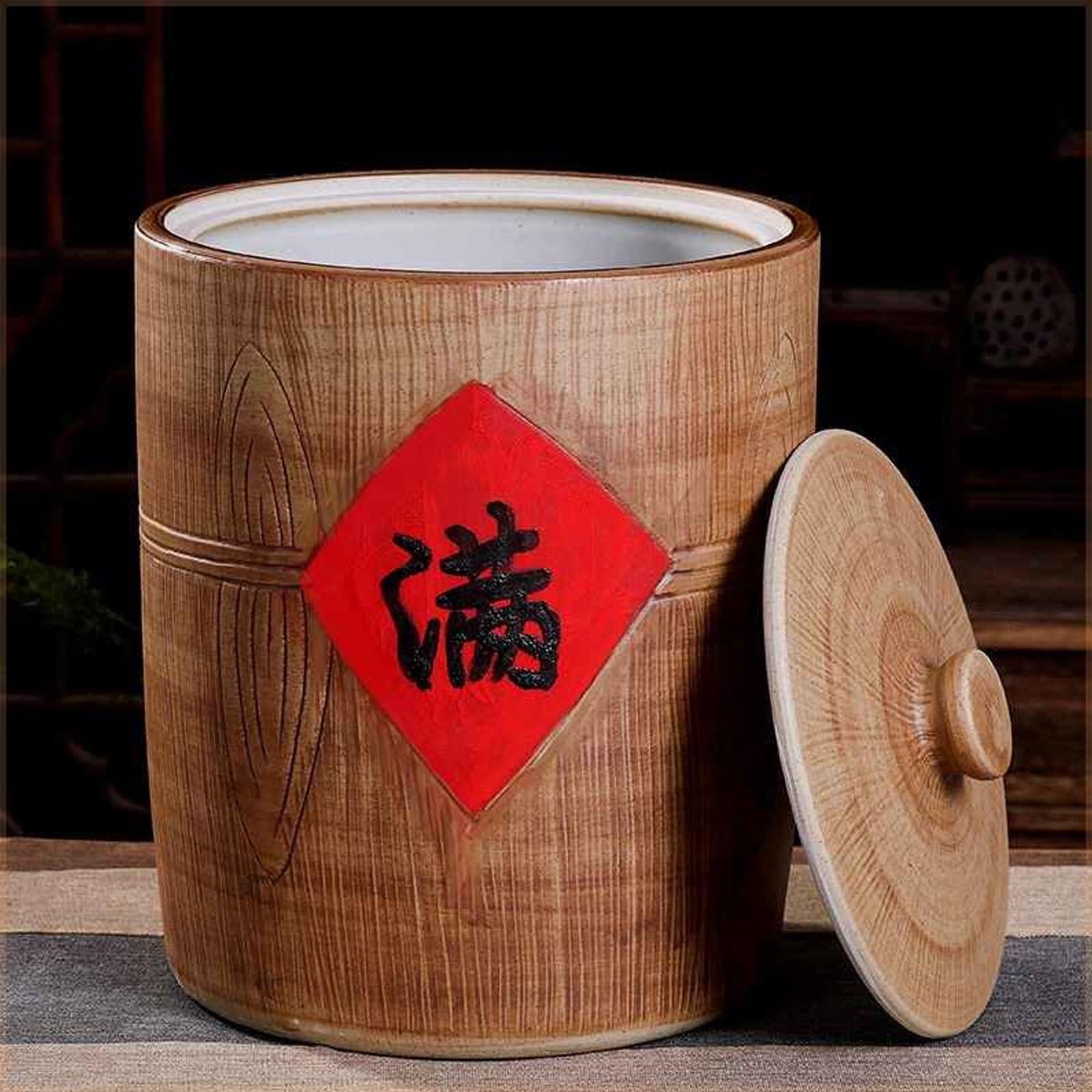 MESCXTY Ceramic Rice Bucket Jar with Lid, Food Storage Containers, Kitchen Sealed Container, Cylinder for Rice, Soybeans, Corn, Flour, Oatmeal(Brown A)